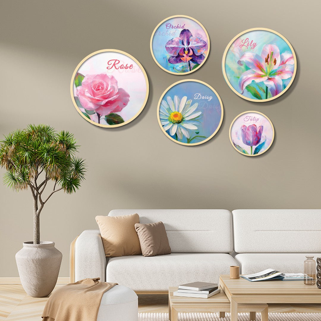 Conjunto Decorativo de 5 Quadros MDF Multicolor Yats-48 - Madeira Maciça com Moldura