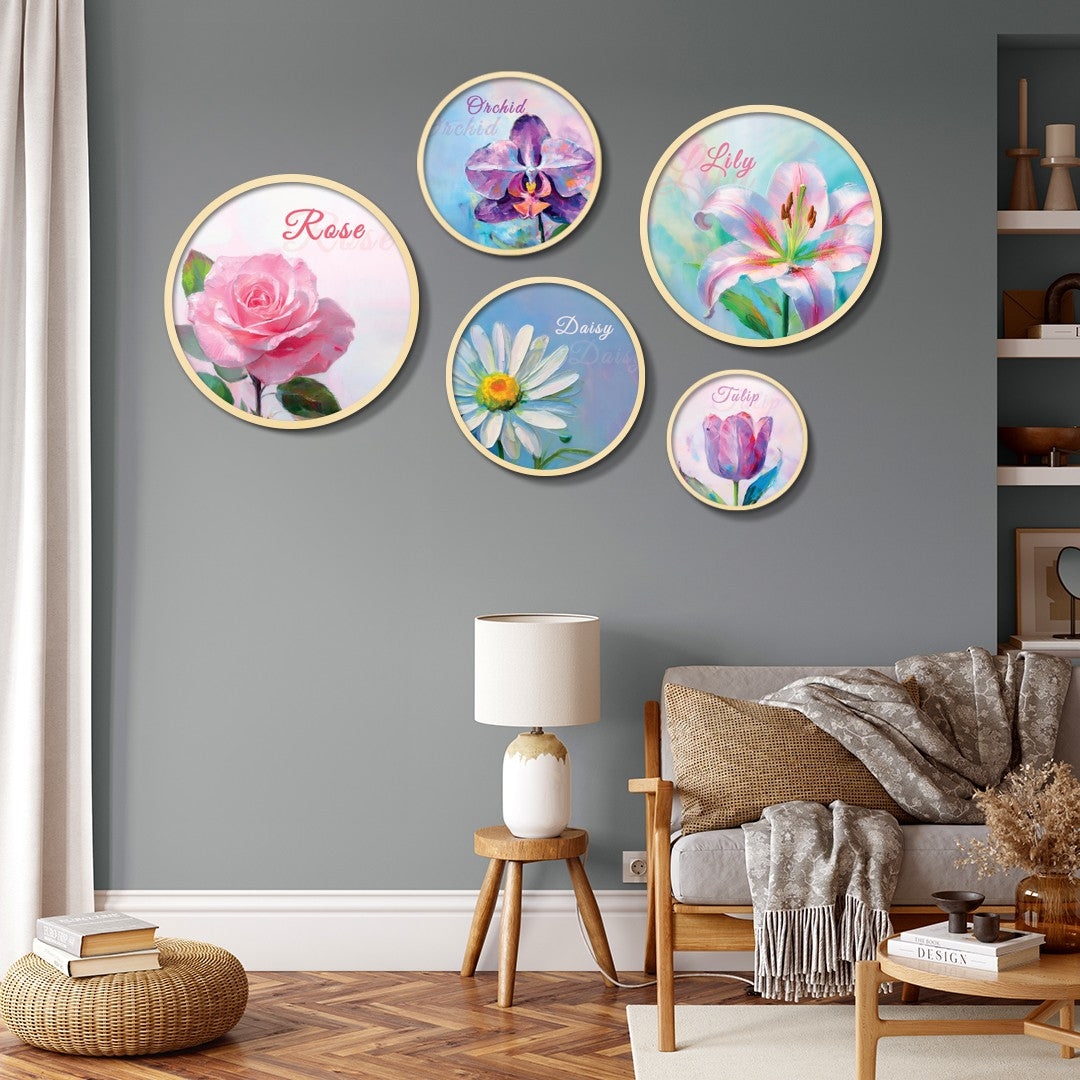 Conjunto Decorativo de 5 Quadros MDF Multicolor Yats-48 - Madeira Maciça com Moldura