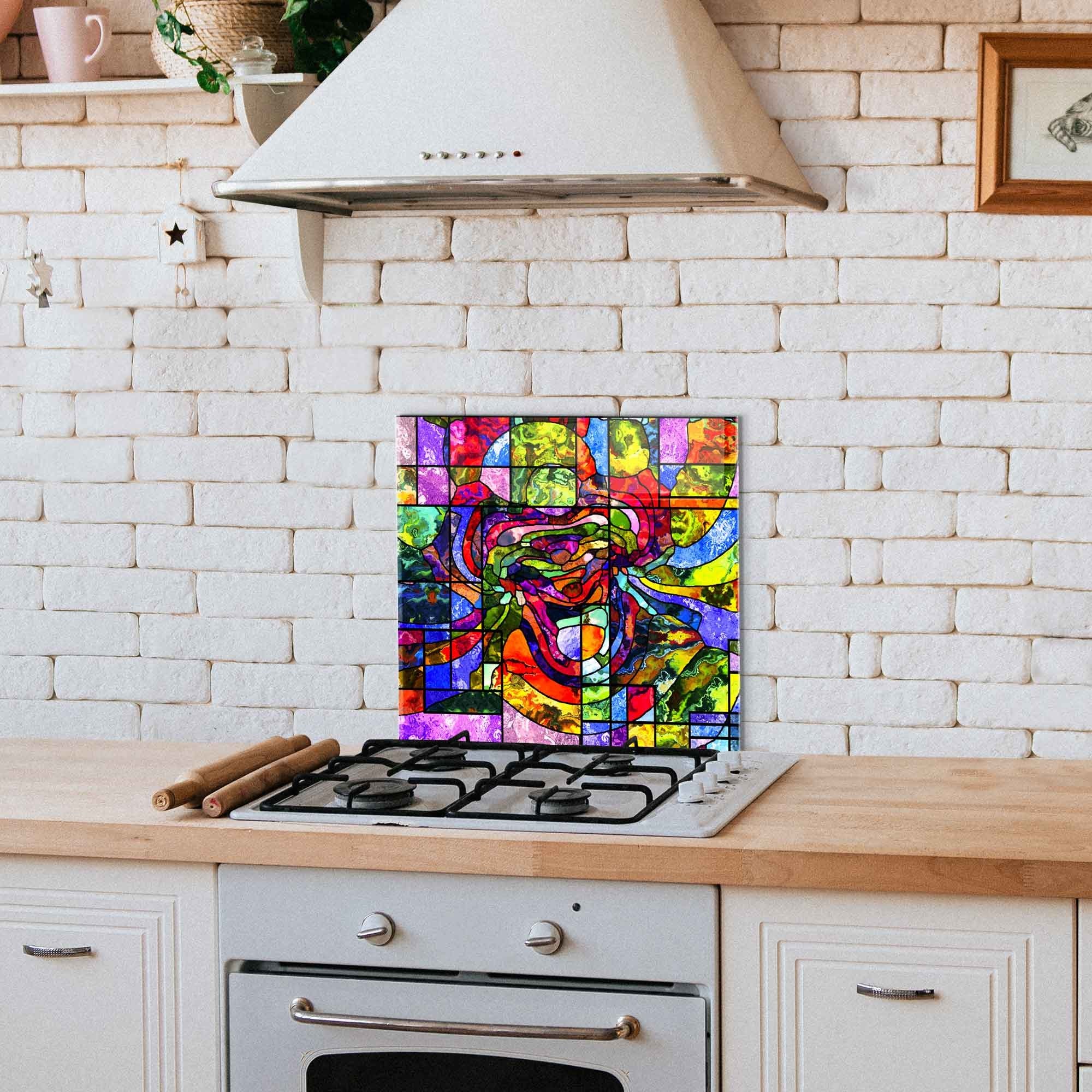 Arte Decorativa em Vidro Temperado Multicolor 60x60cm - Pintura Moderna para Parede