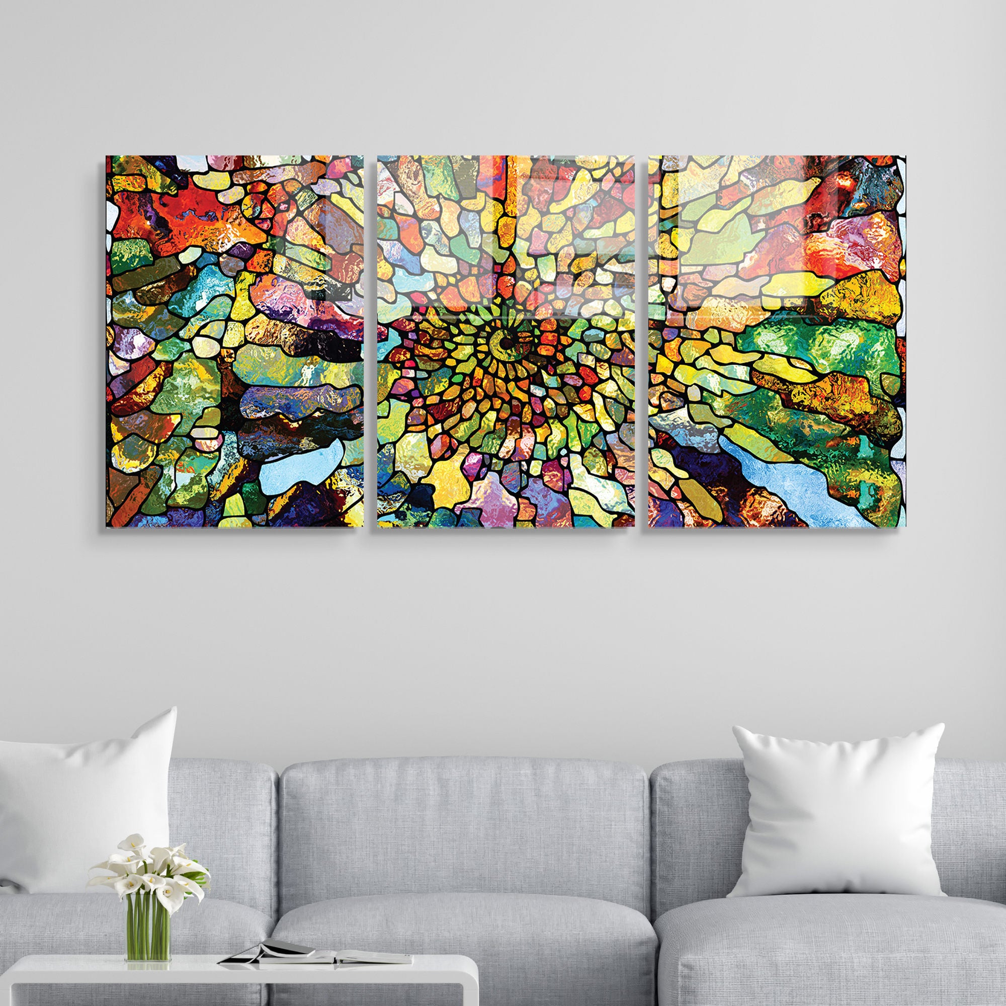 Conjunto de 3 Quadros Decorativos em Vidro Temperado Multicolor - 50x70cm - Arte Moderna para Decoração de Interiores