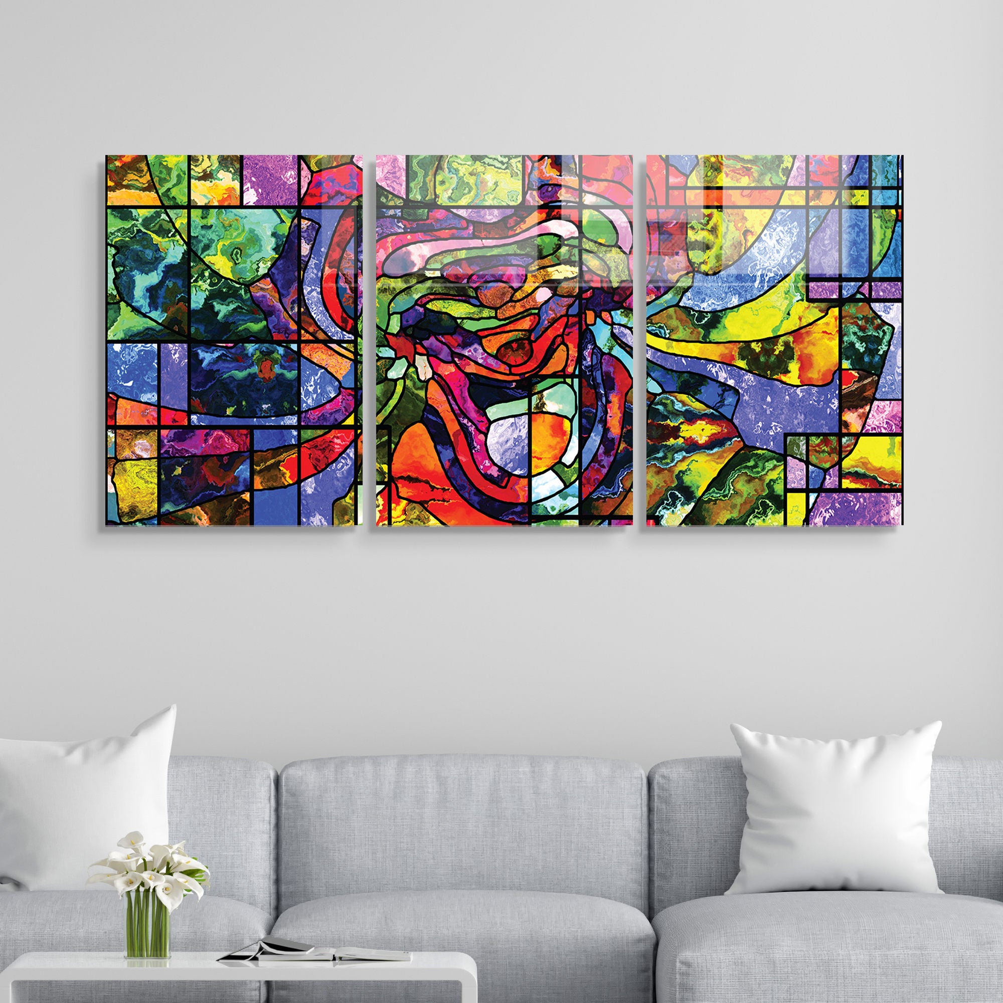Conjunto de 3 Quadros Decorativos em Vidro Temperado Multicolor - 70x100cm - Arte Moderna para Transformar o Seu Espaço