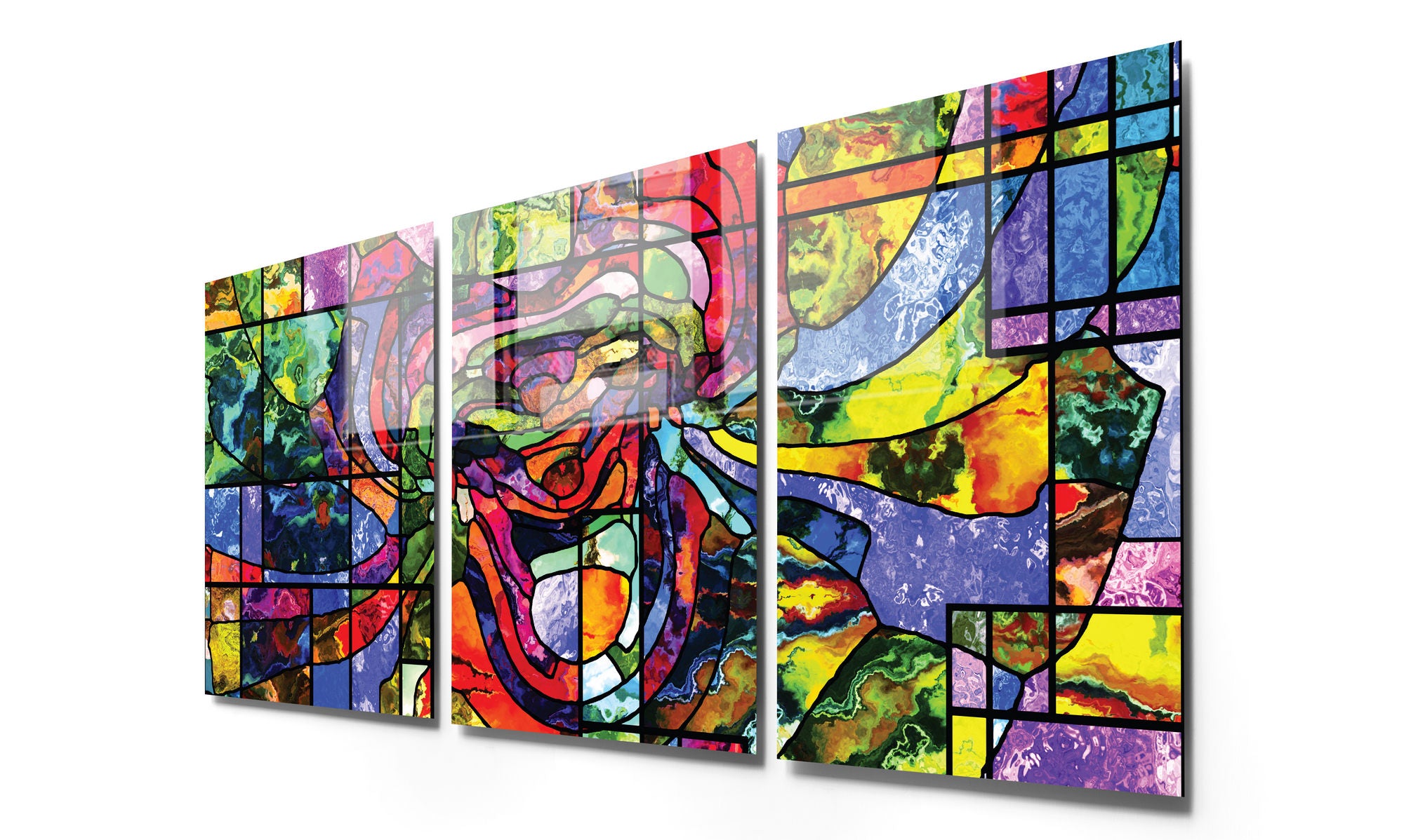 Conjunto de 3 Quadros Decorativos em Vidro Temperado Multicolor - 50x70cm - Arte Moderna para Decoração de Interiores