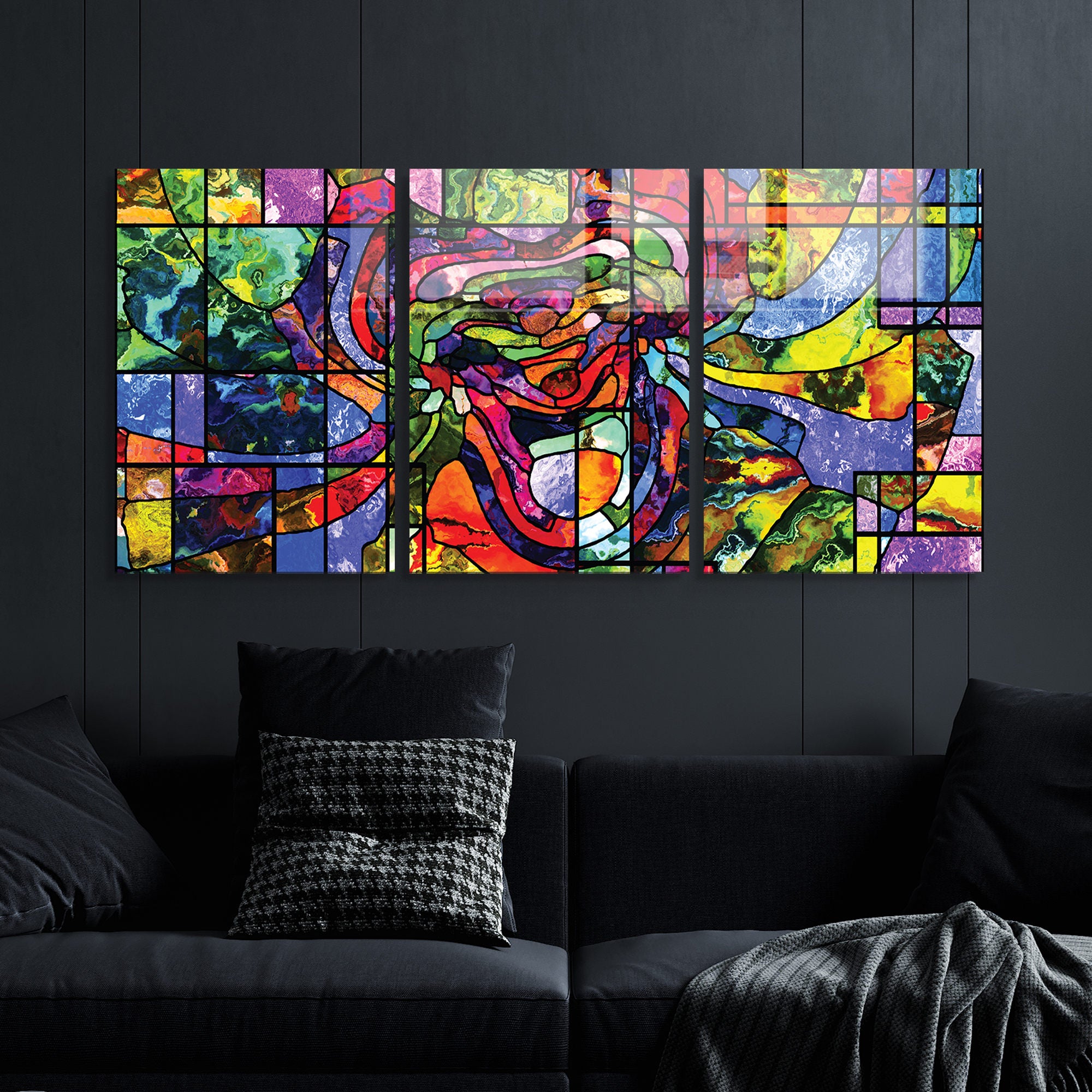 Conjunto de 3 Quadros Decorativos em Vidro Temperado Multicolor - 45x65cm - Arte Moderna para Decoração de Interiores