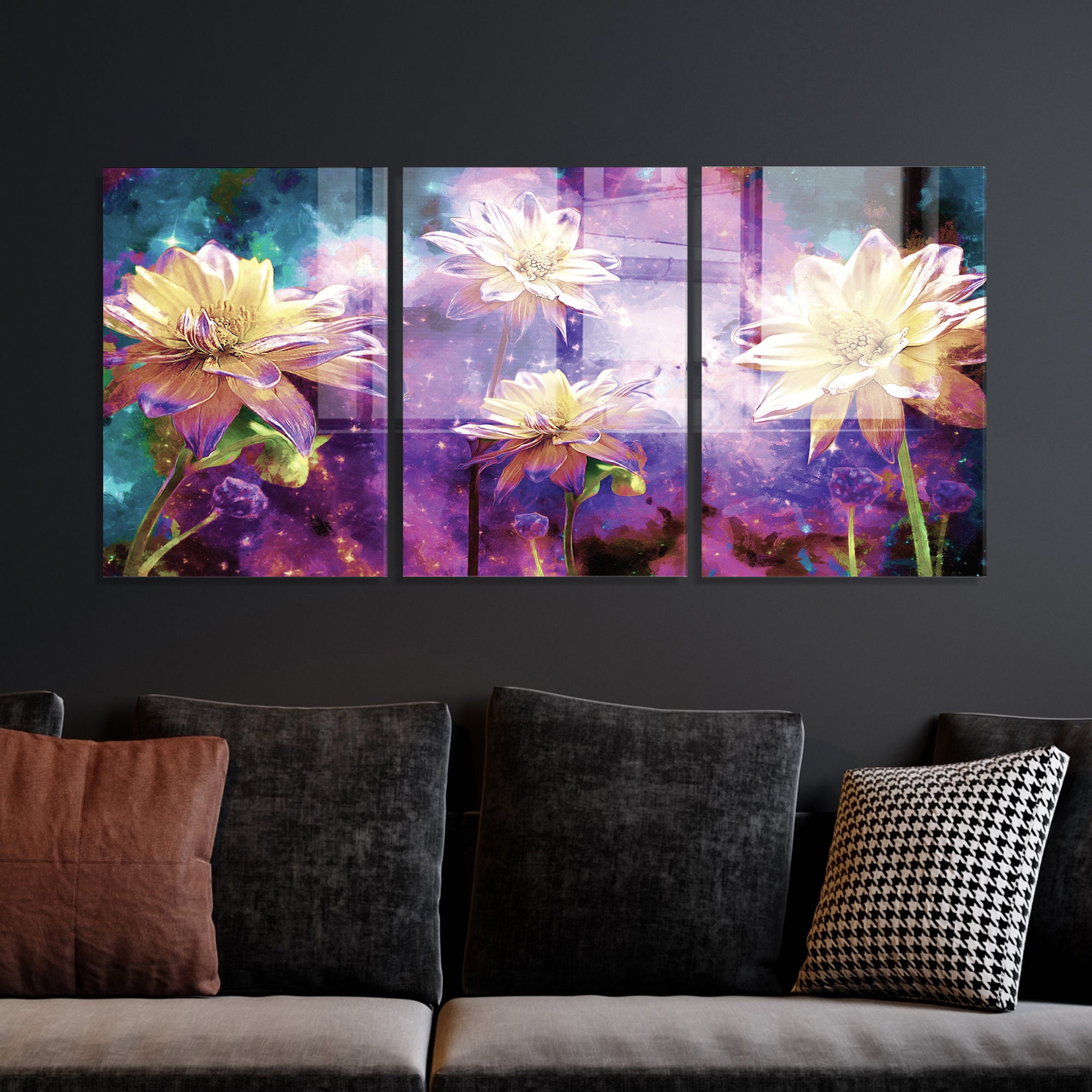 Conjunto de 3 Quadros Decorativos em Vidro Temperado Multicolor - 45x65cm - Arte Moderna para Decoração de Interiores