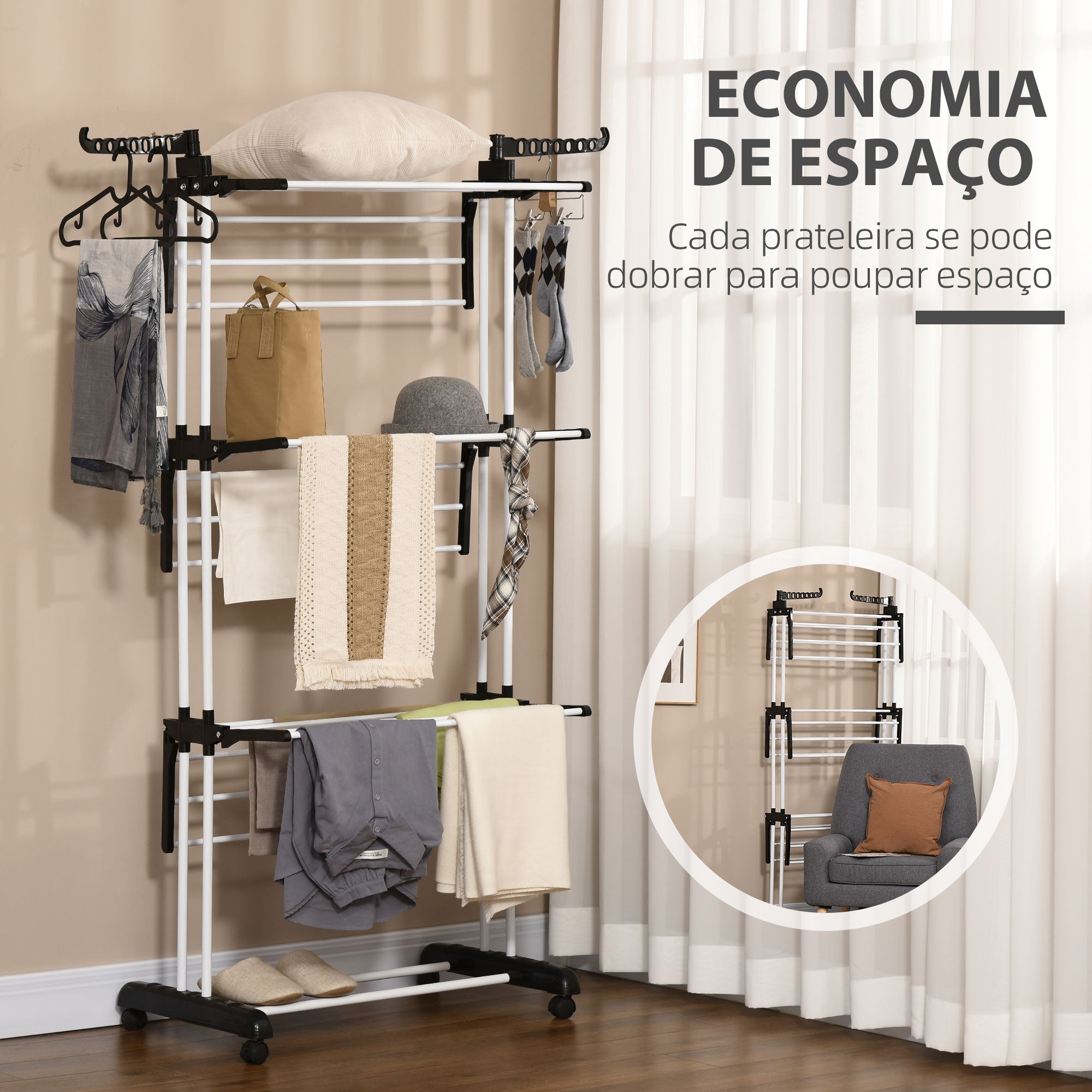 Estendal Dobrável para Roupa com Rodas 73x64x177 cm - Preto e Branco