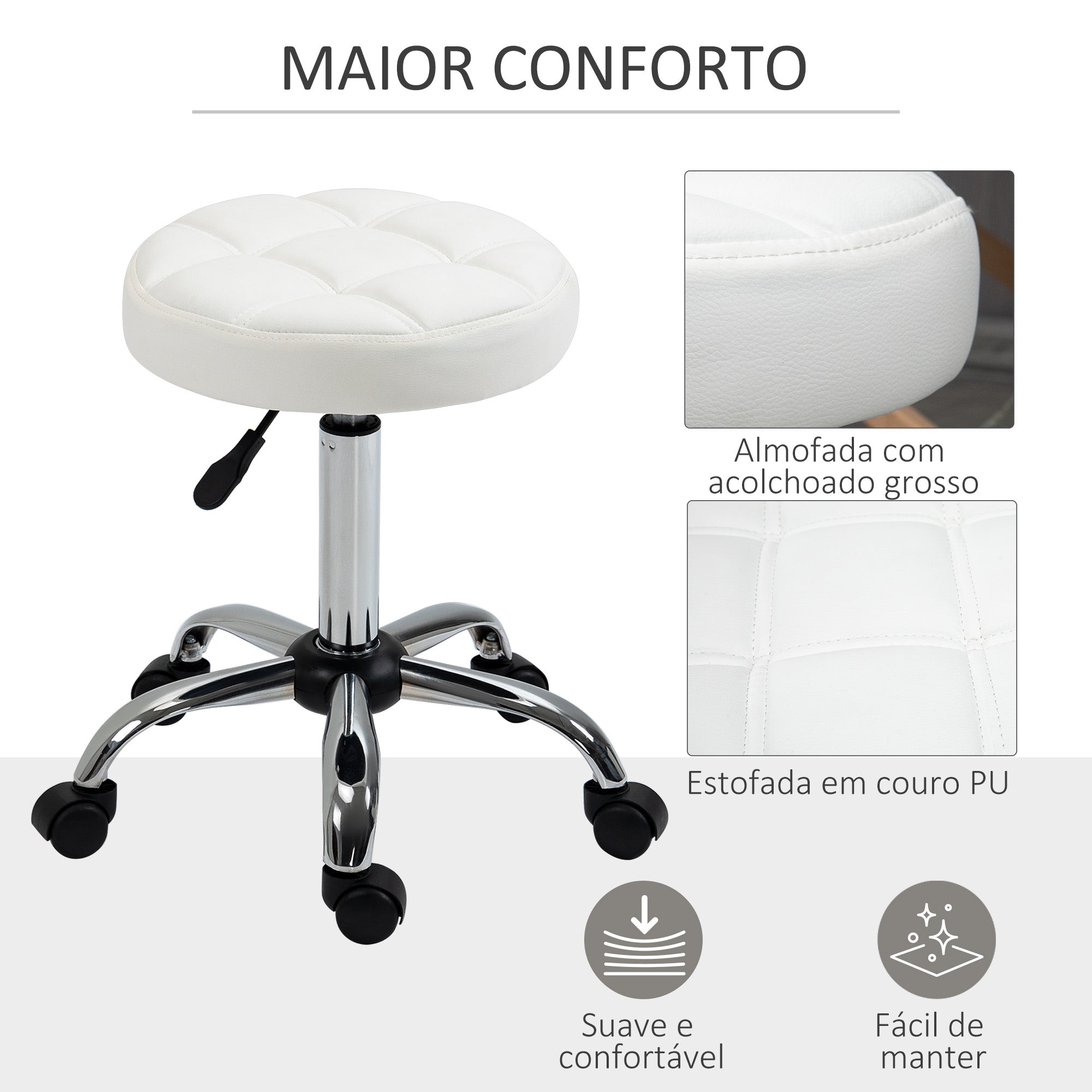Banco Giratório – 48-63cm – Branco – Couro sintético