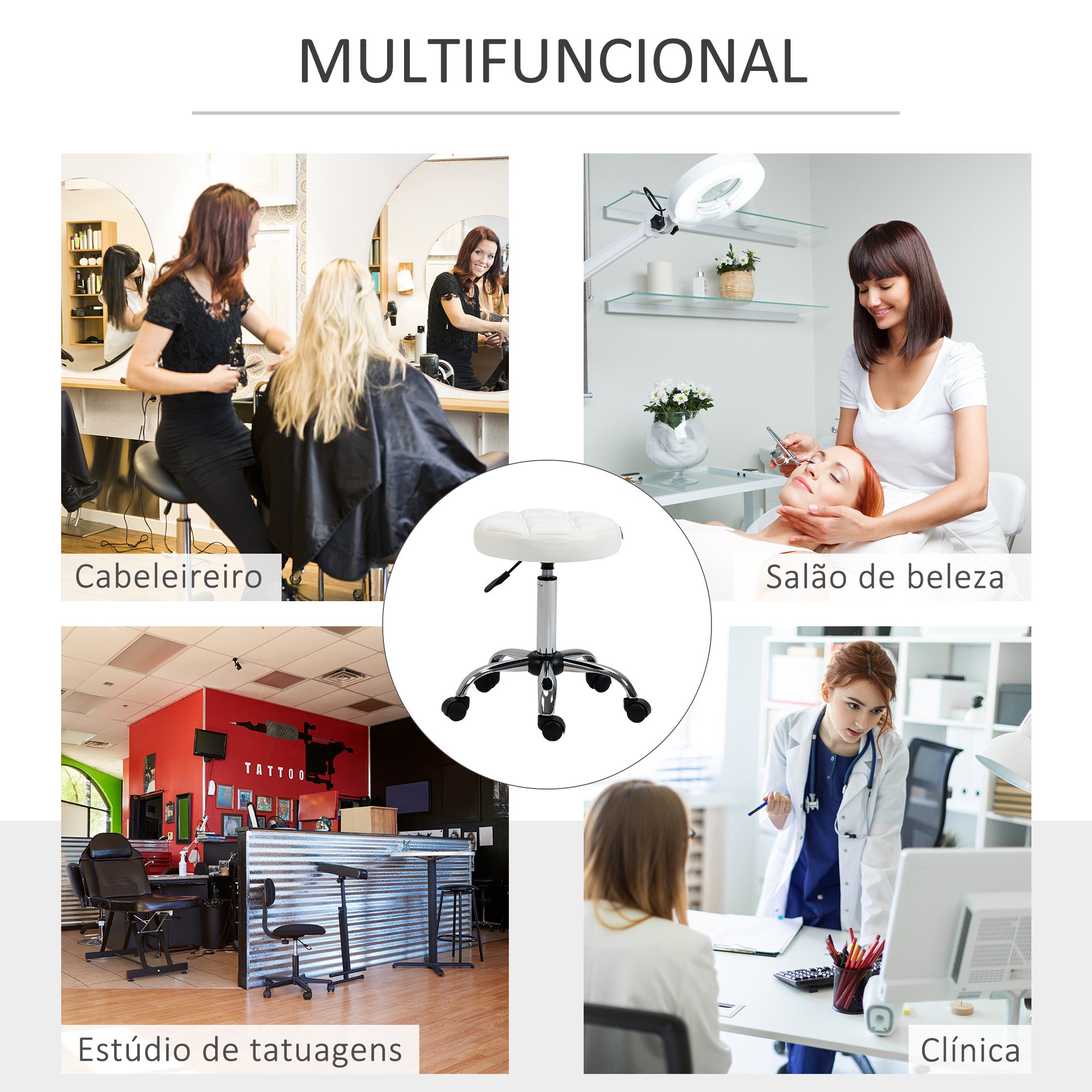 Banco Giratório – 48-63cm – Branco – Couro sintético