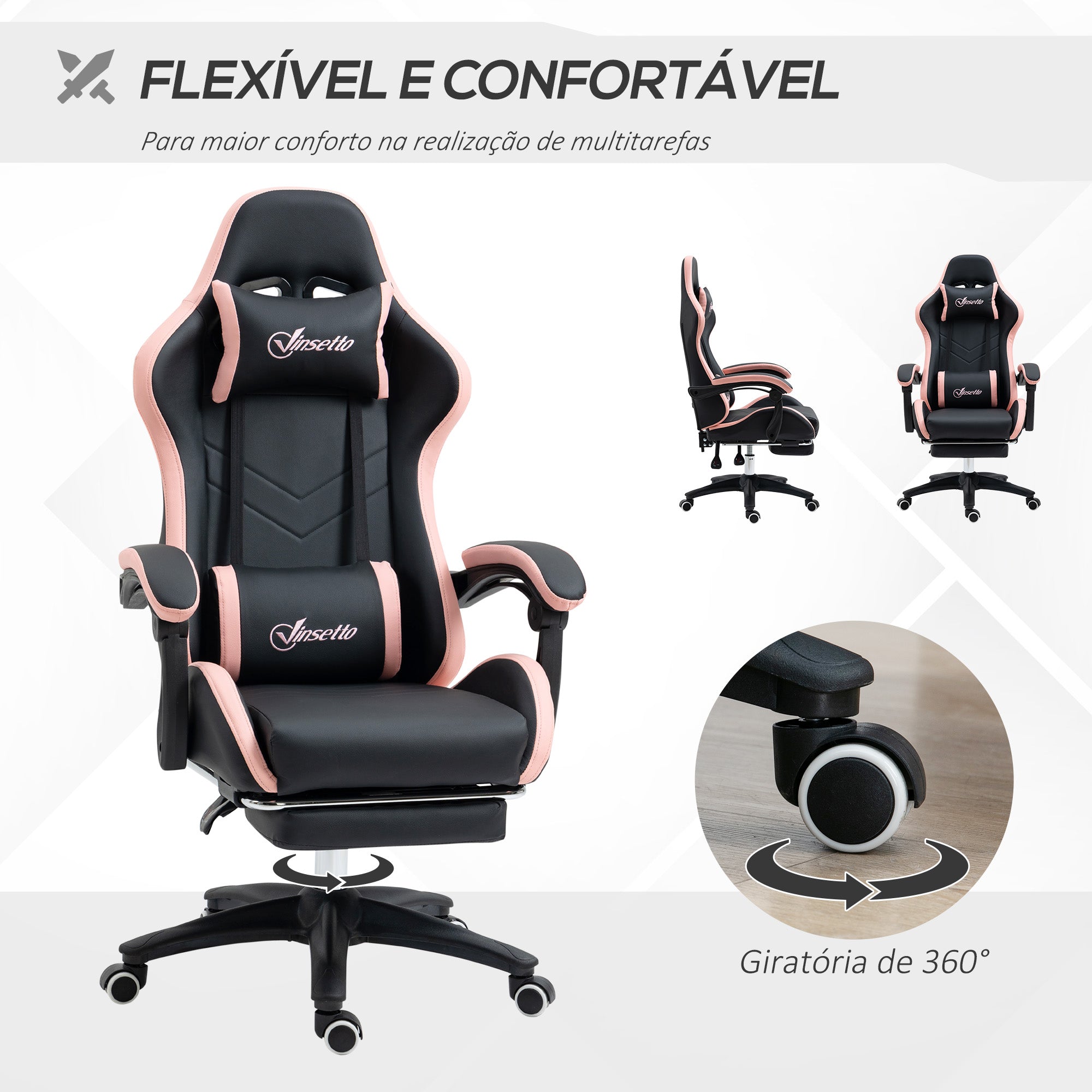 Cadeira Gamer Racing Couro PU Preto e Rosa 65x65x121-129 cm