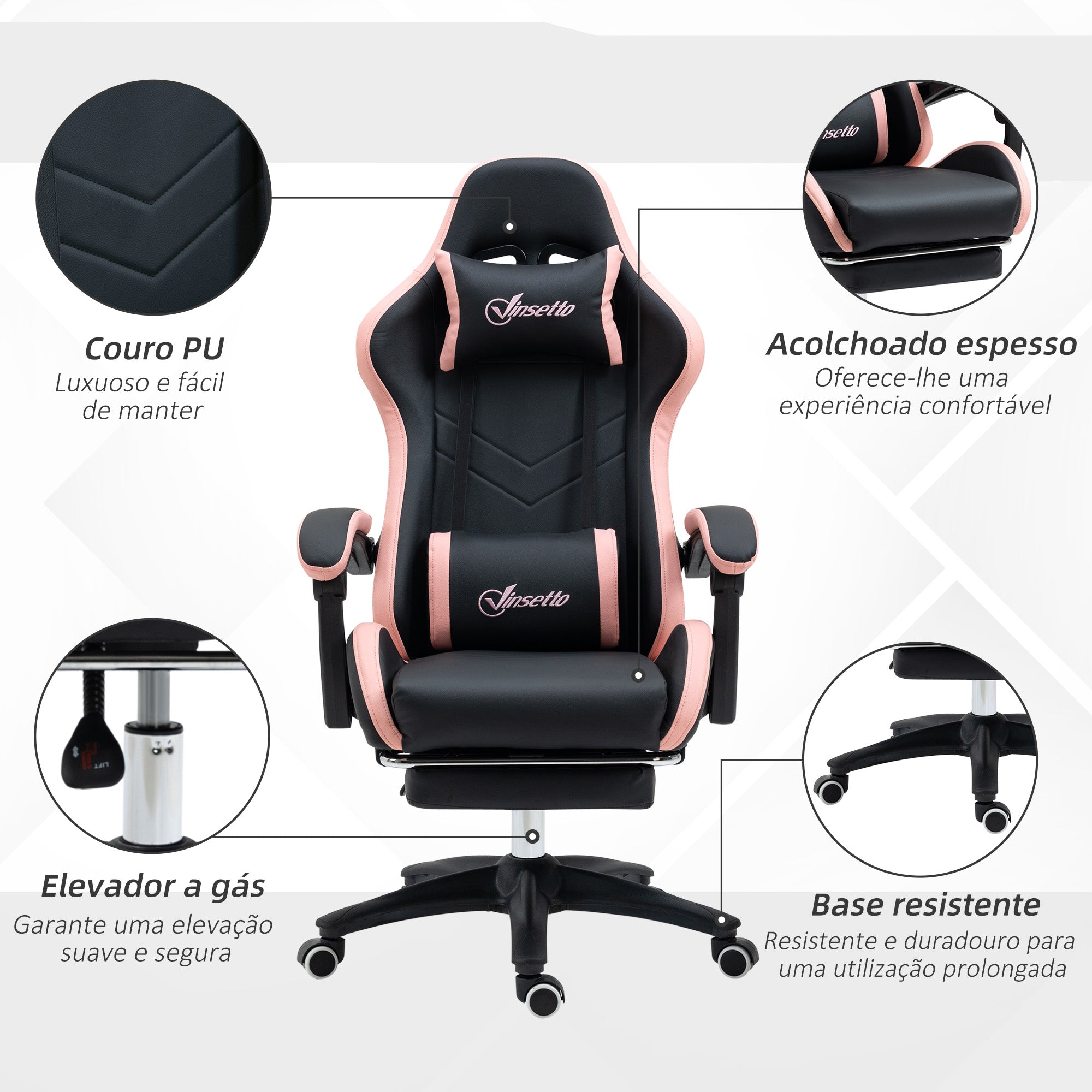 Cadeira Gamer Racing Couro PU Preto e Rosa 65x65x121-129 cm