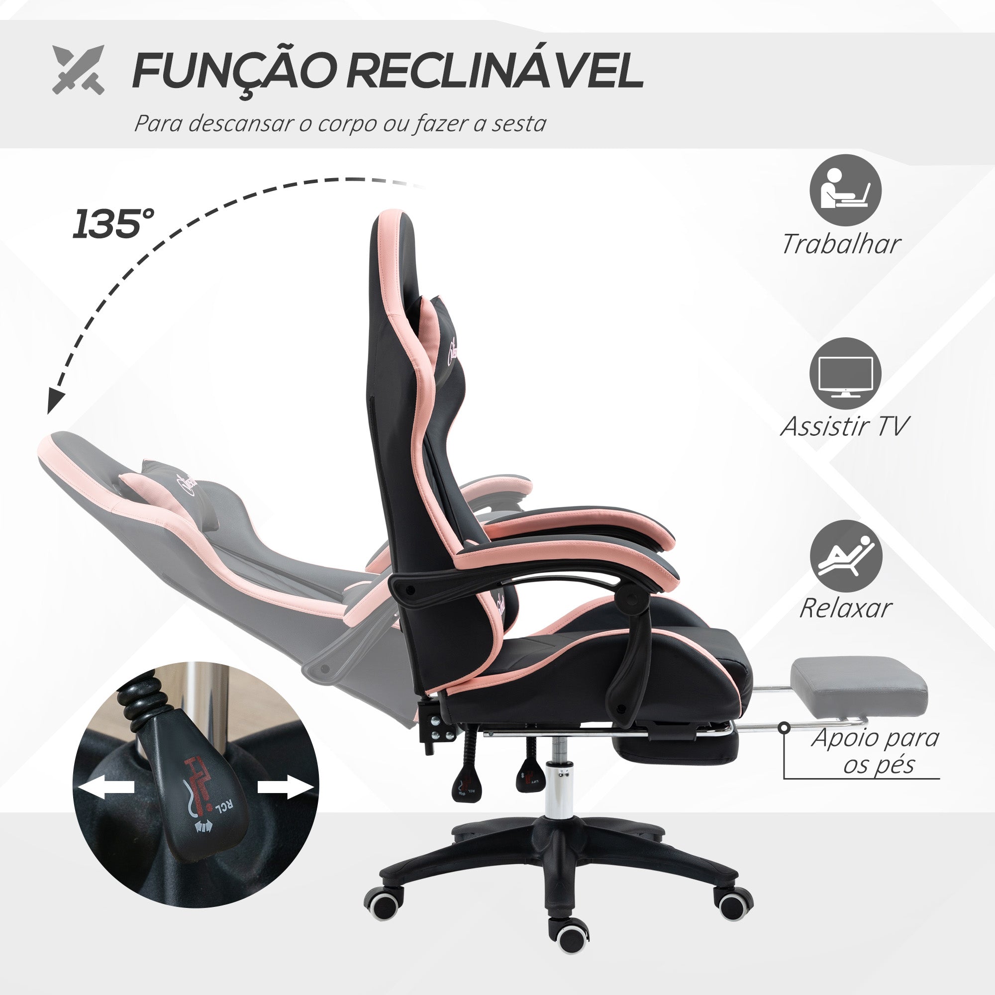 Cadeira Gamer Racing Couro PU Preto e Rosa 65x65x121-129 cm