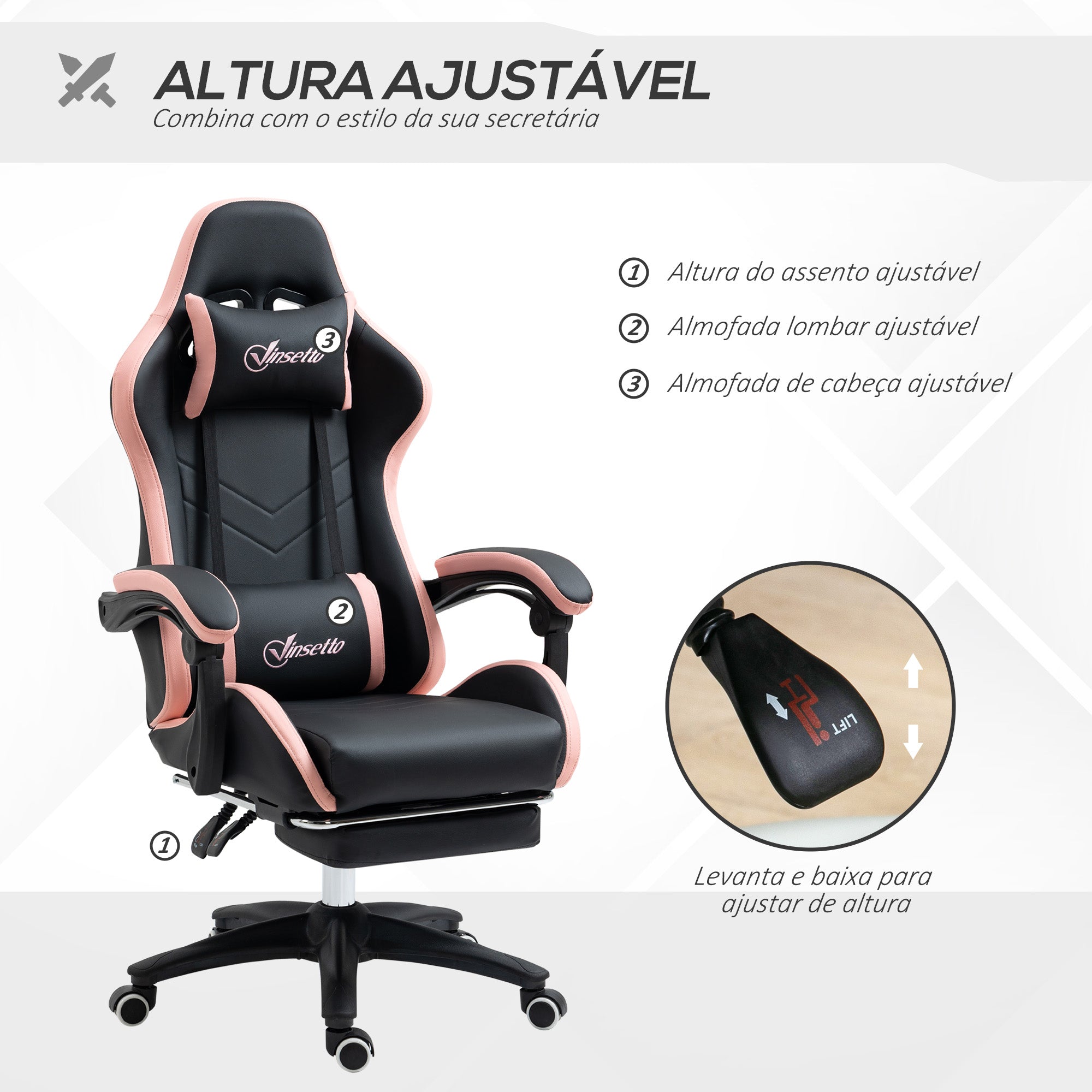 Cadeira Gamer Racing Couro PU Preto e Rosa 65x65x121-129 cm