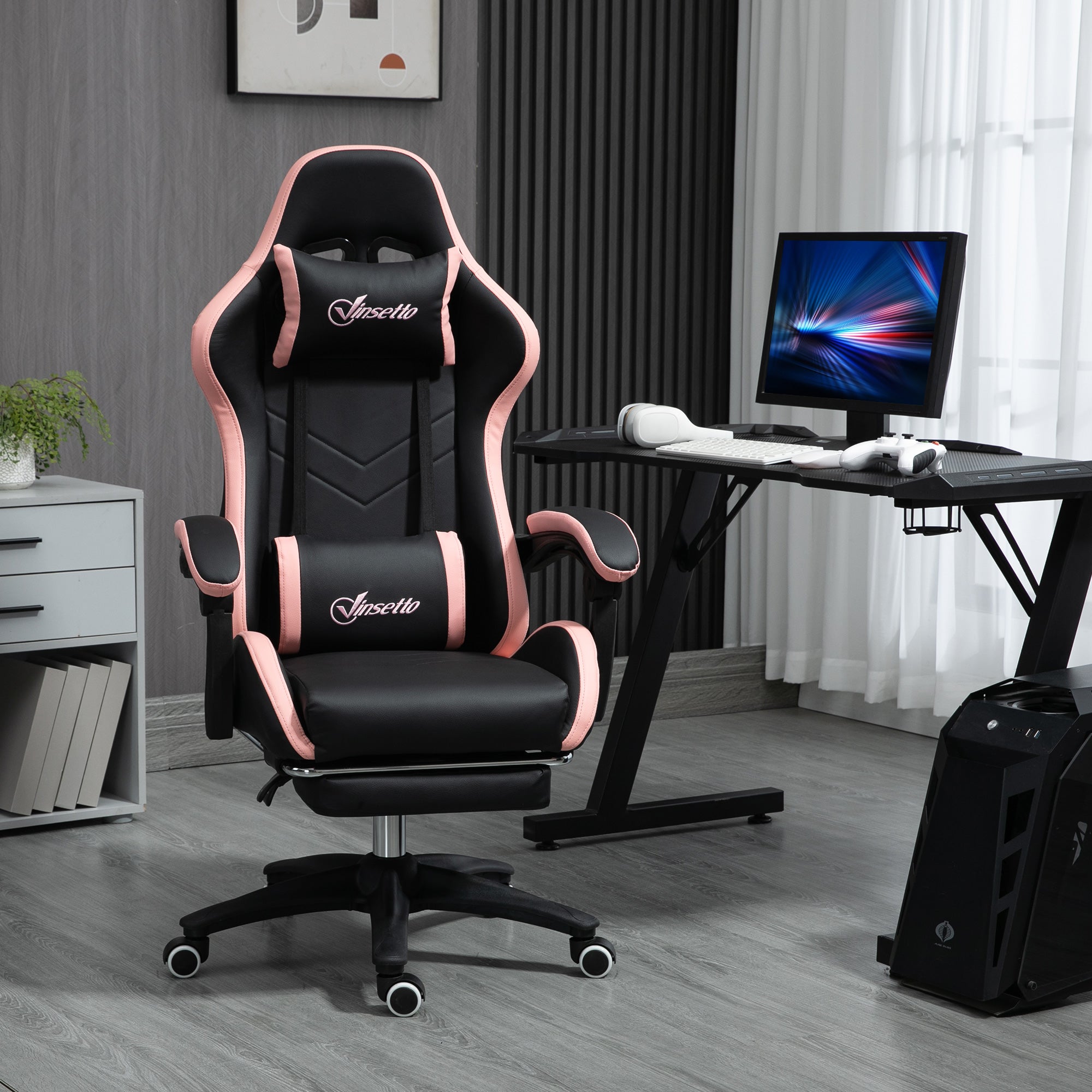 Cadeira Gamer Racing Couro PU Preto e Rosa 65x65x121-129 cm