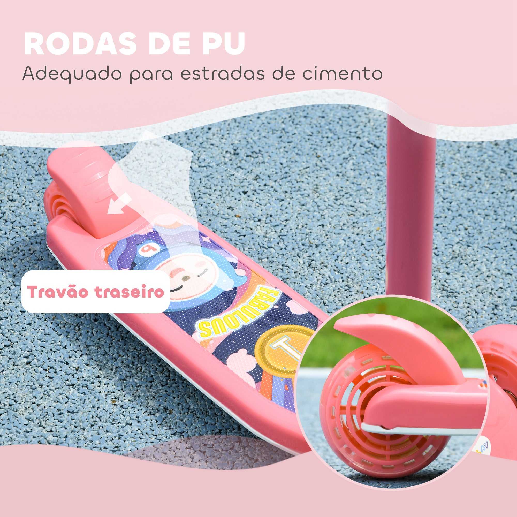 Trotinete Infantil Dobrável com 3 Rodas LED - Rosa 52x29x63-76 cm