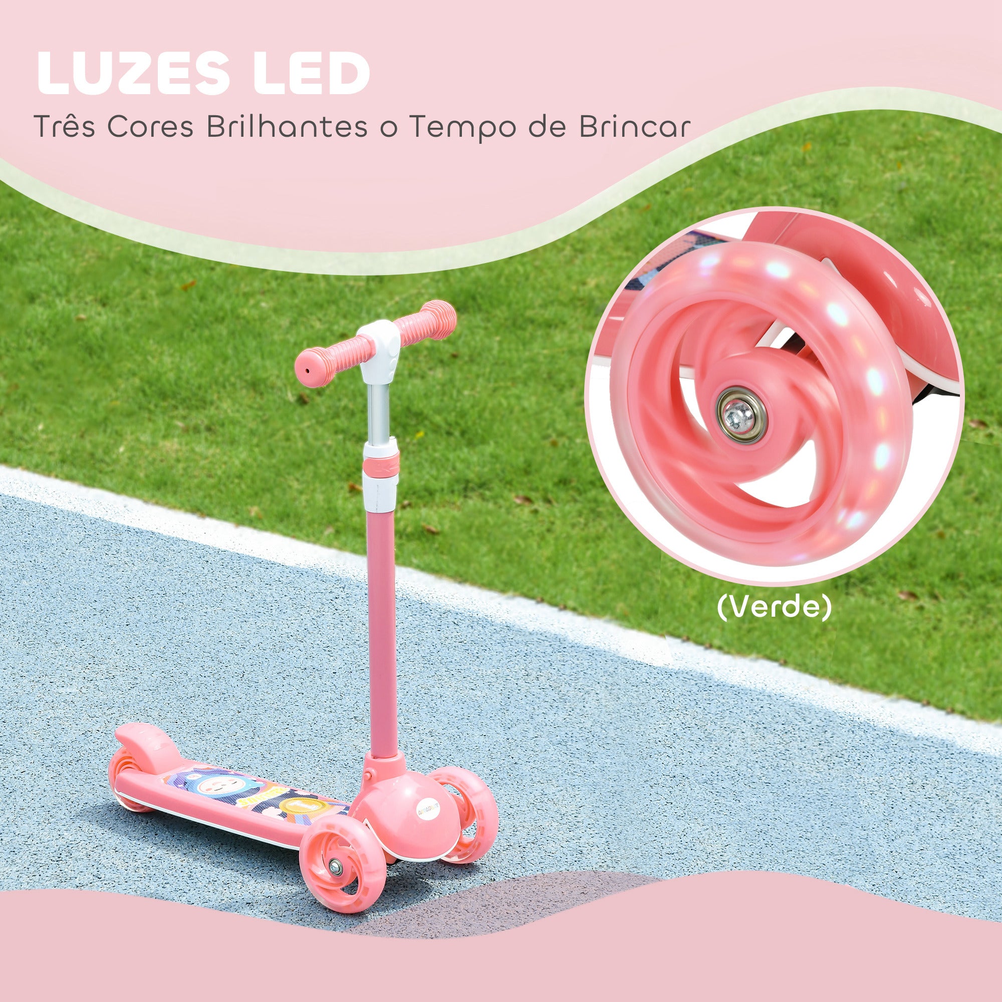 Trotinete Infantil Dobrável com 3 Rodas LED - Rosa 52x29x63-76 cm