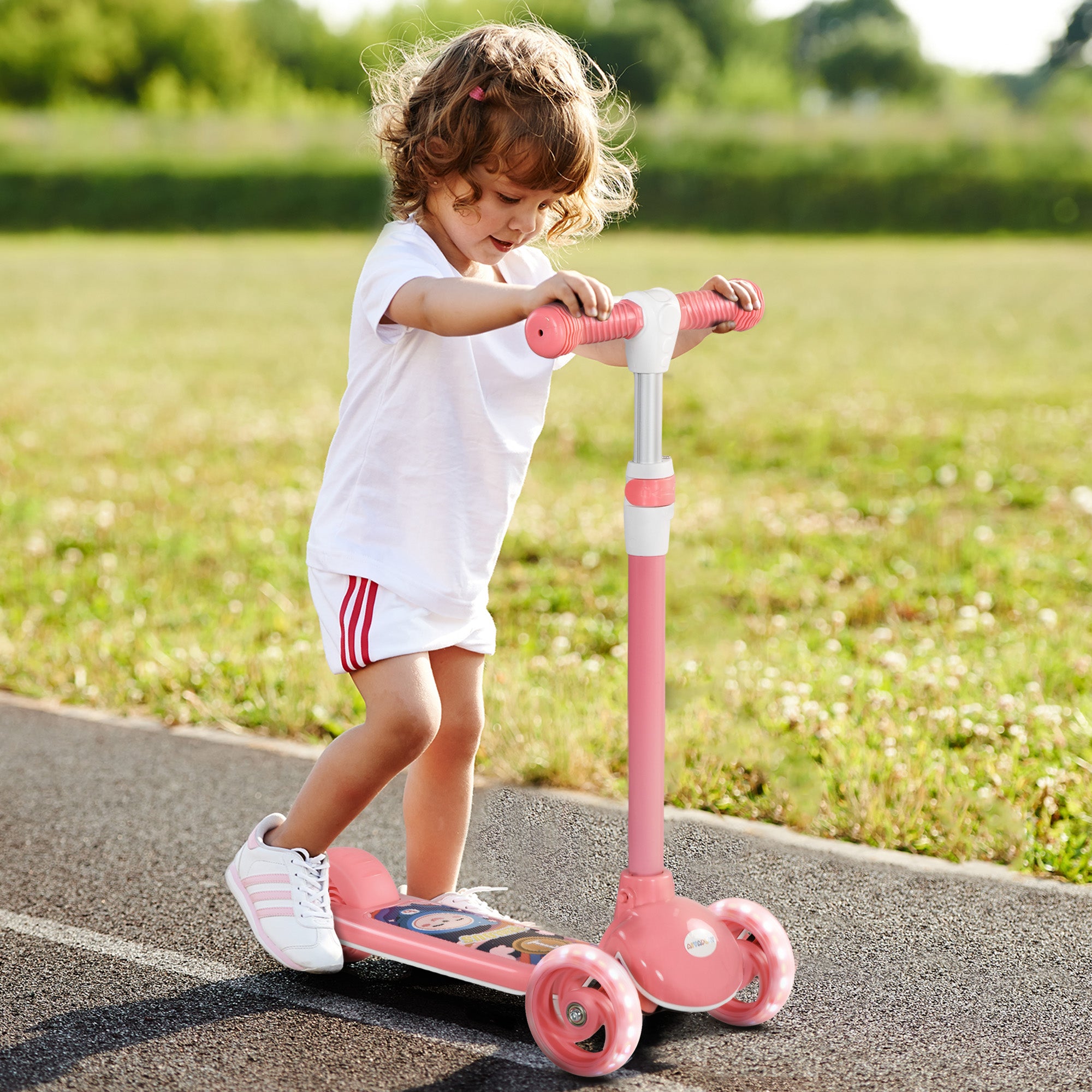 Trotinete Infantil Dobrável com 3 Rodas LED - Rosa 52x29x63-76 cm