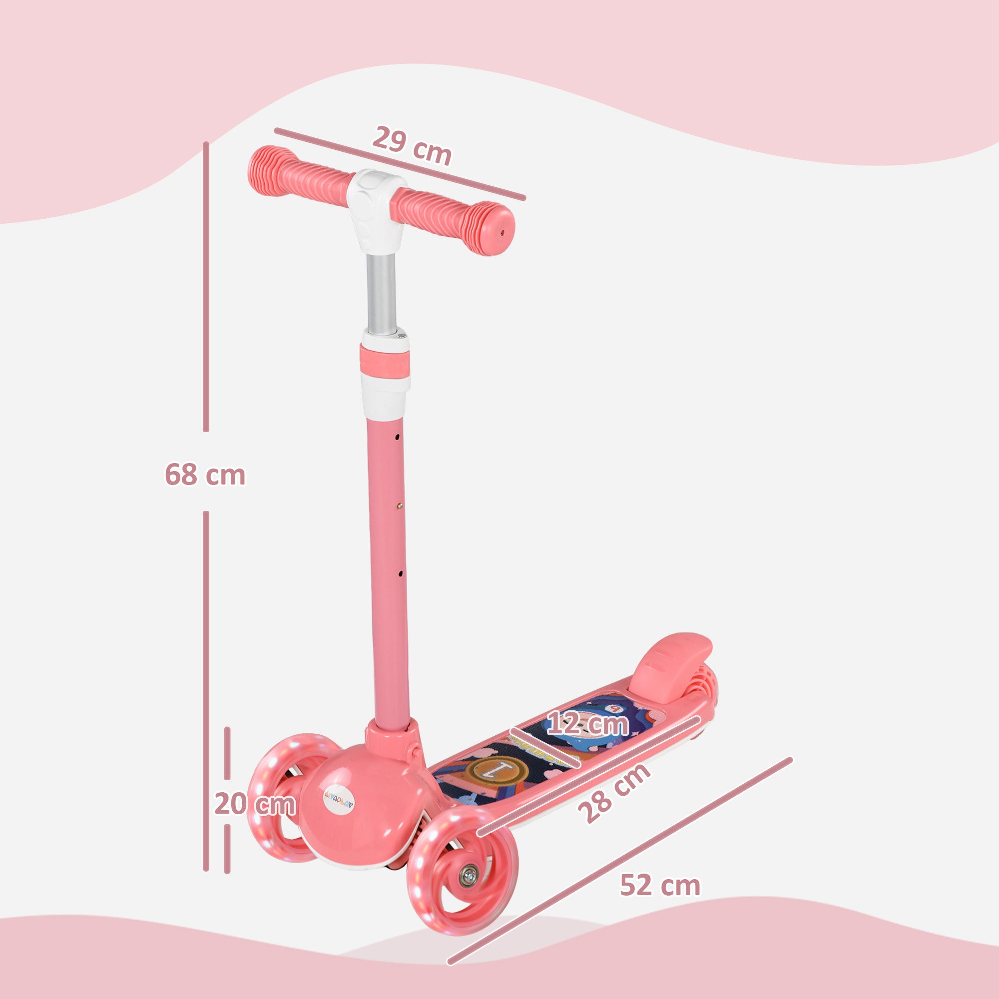 Trotinete Infantil Dobrável com 3 Rodas LED - Rosa 52x29x63-76 cm