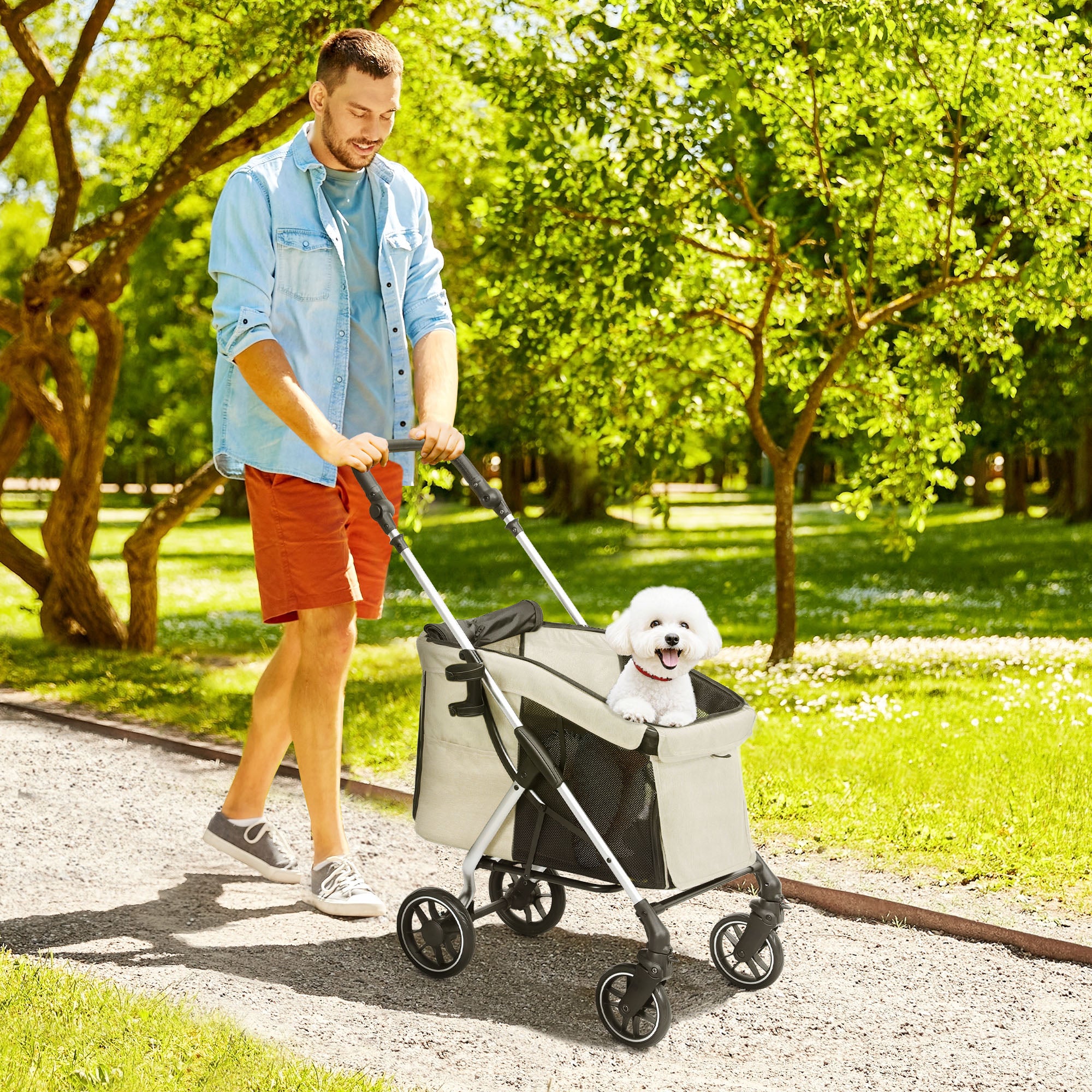 Carrinho para Cães Dobrável 80x48,5x106 cm - Cor Cáqui