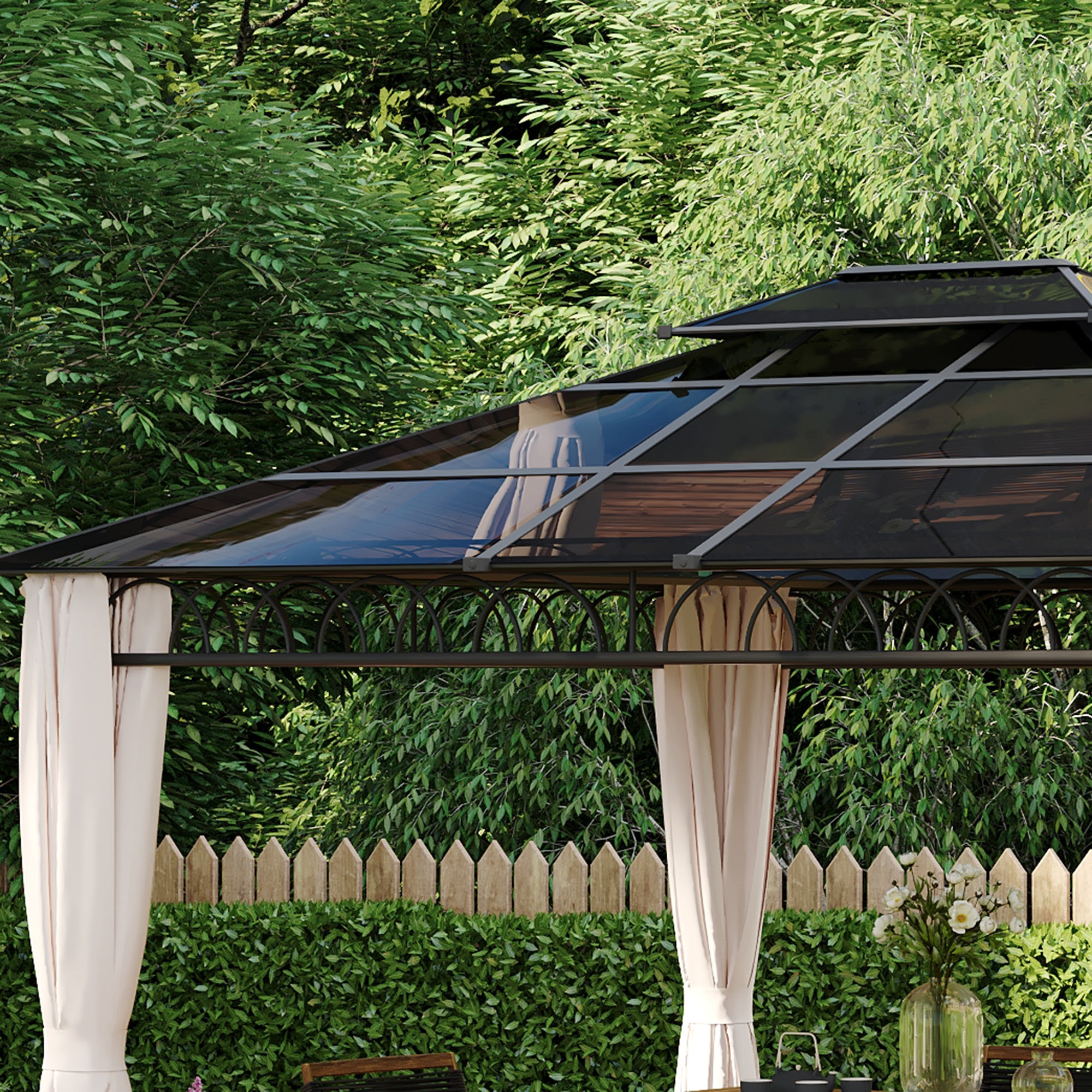 Pérgola de Jardim com Teto Duplo de Policarbonato 360x300x278 cm - Preto Cinza e Cáqui