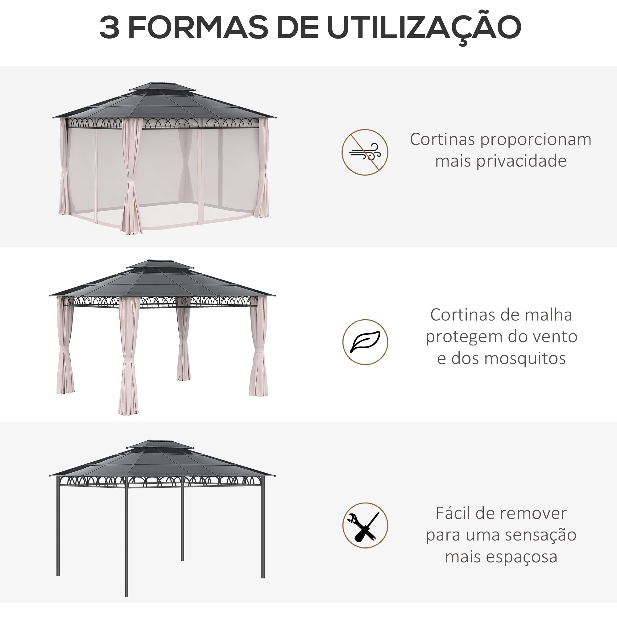 Pérgola de Jardim com Teto Duplo de Policarbonato 360x300x278 cm - Preto Cinza e Cáqui
