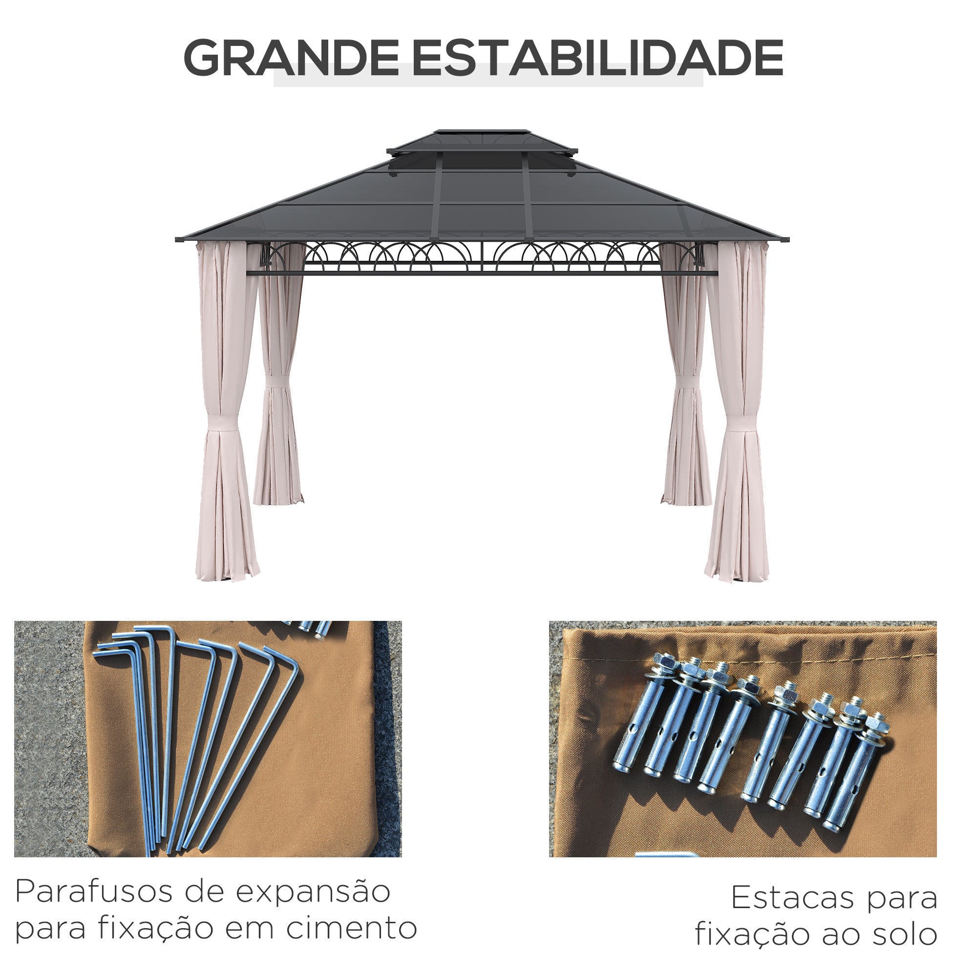 Pérgola de Jardim com Teto Duplo de Policarbonato 360x300x278 cm - Preto Cinza e Cáqui