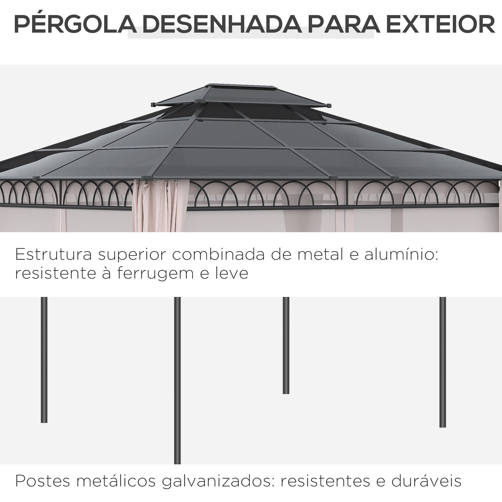 Pérgola de Jardim com Teto Duplo de Policarbonato 360x300x278 cm - Preto Cinza e Cáqui