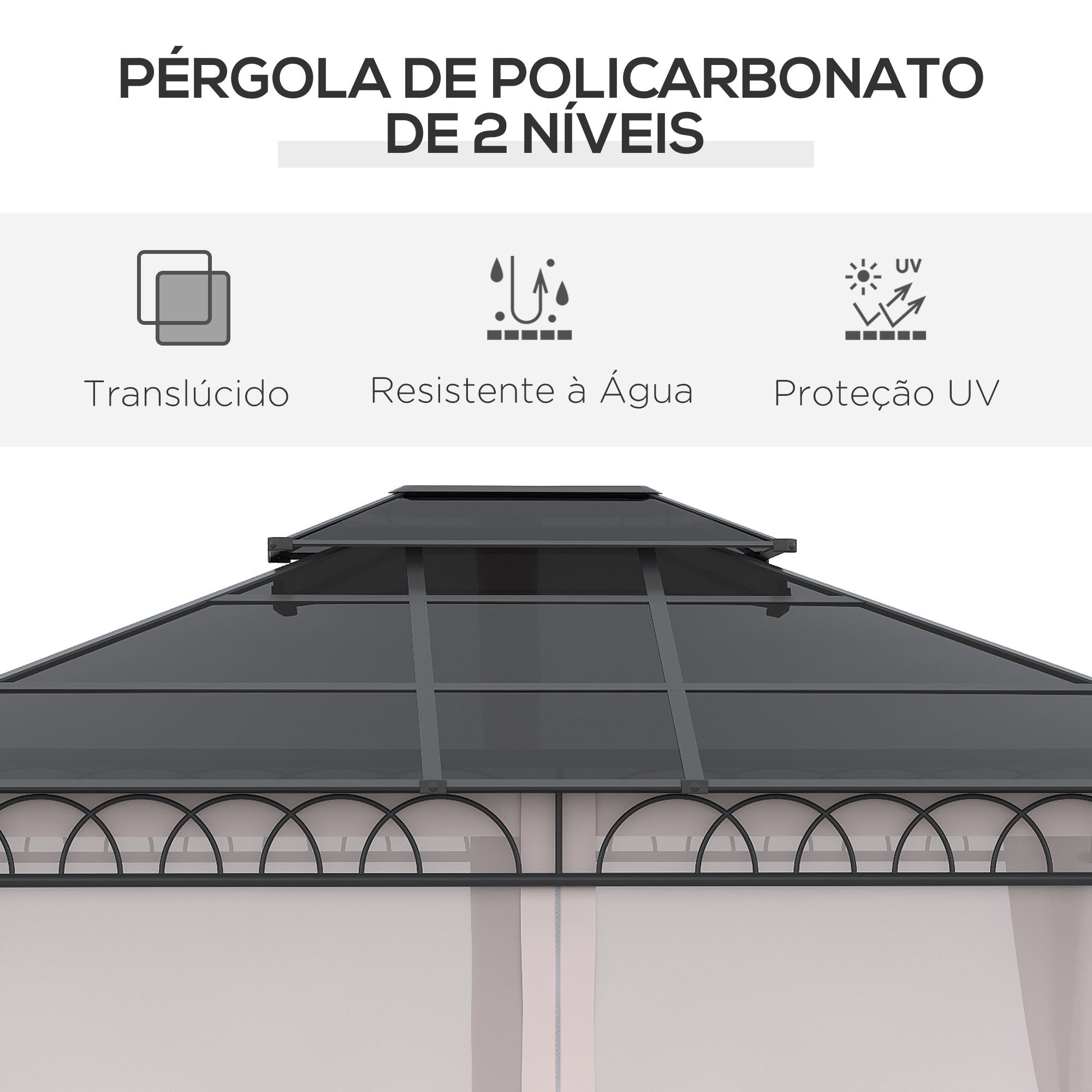 Pérgola de Jardim com Teto Duplo de Policarbonato 360x300x278 cm - Preto Cinza e Cáqui