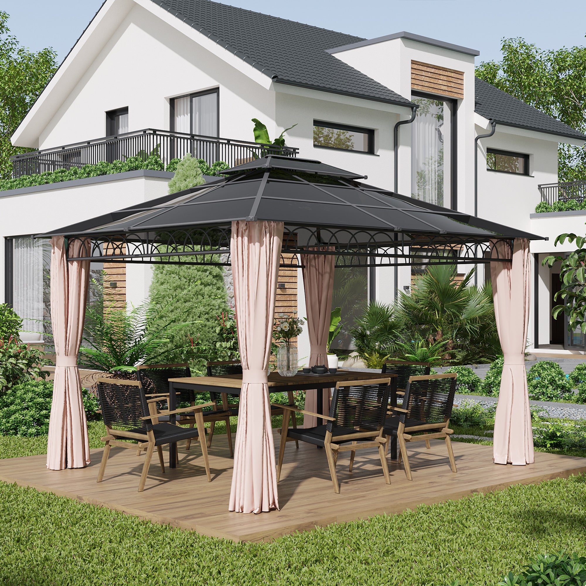 Pérgola de Jardim com Teto Duplo de Policarbonato 360x300x278 cm - Preto Cinza e Cáqui