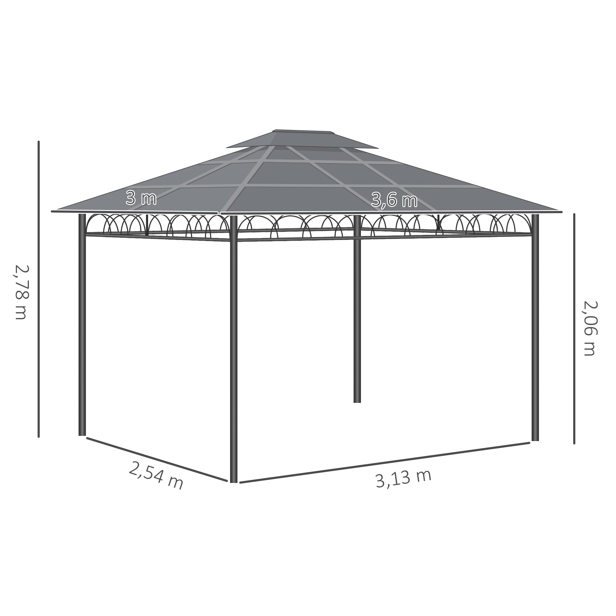 Pérgola de Jardim com Teto Duplo de Policarbonato 360x300x278 cm - Preto Cinza e Cáqui