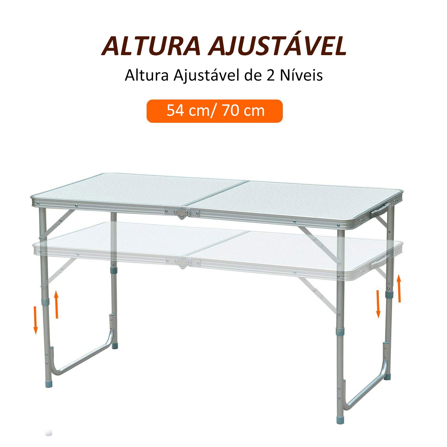 Mesa de Campismo Dobrável Convertível em Mala 120x60-54-70cm Prata