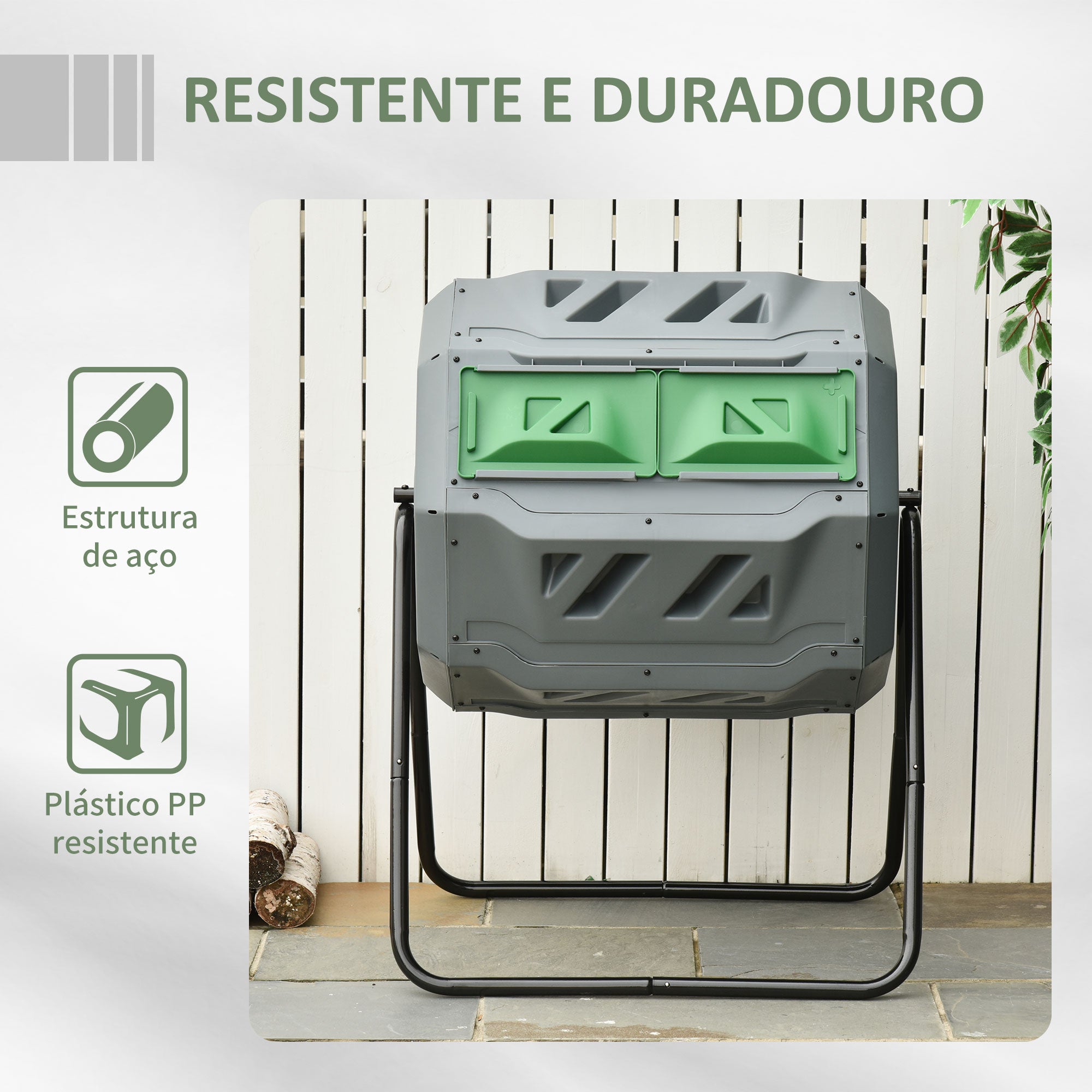 Compostor de Tambor Giratório 160L - 71x65x96 cm - Cinza e Verde - Aço e Plástico