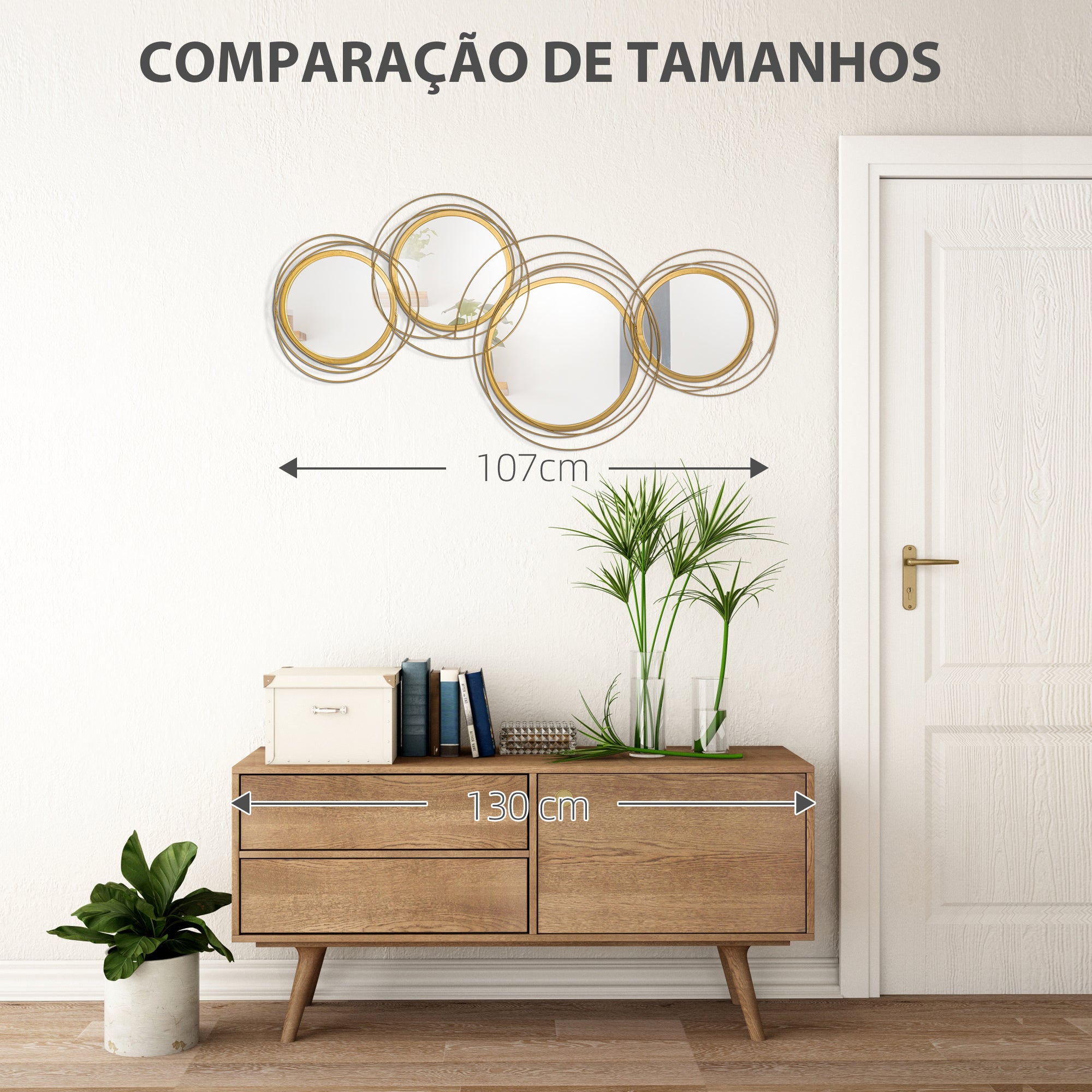Decoração de Parede Metal 3D Espelhos Redondos Dourado 107x56cm