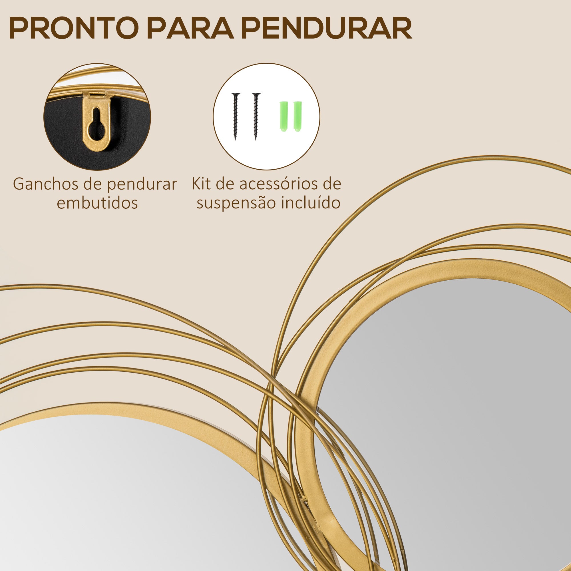 Decoração de Parede Metal 3D Espelhos Redondos Dourado 107x56cm