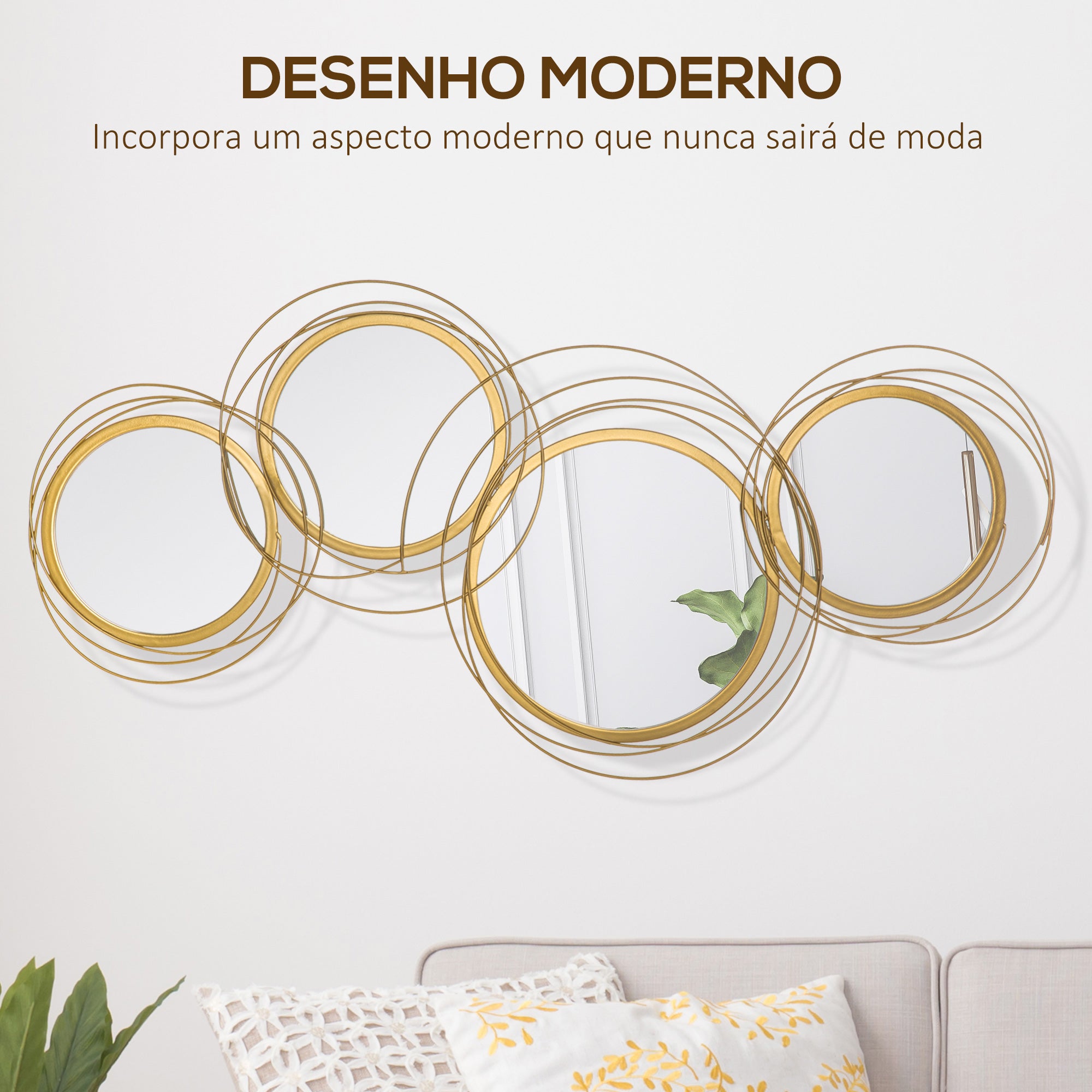 Decoração de Parede Metal 3D Espelhos Redondos Dourado 107x56cm