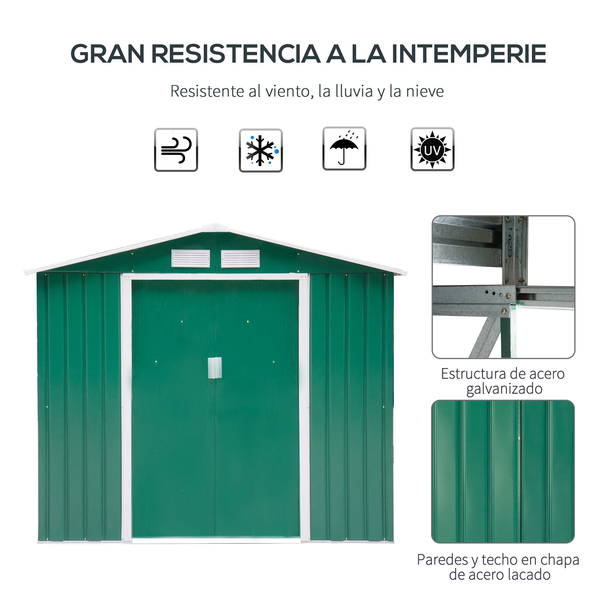 Abrigo de Jardim Metálico Verde 213x130x185 cm - Armazenamento de Ferramentas