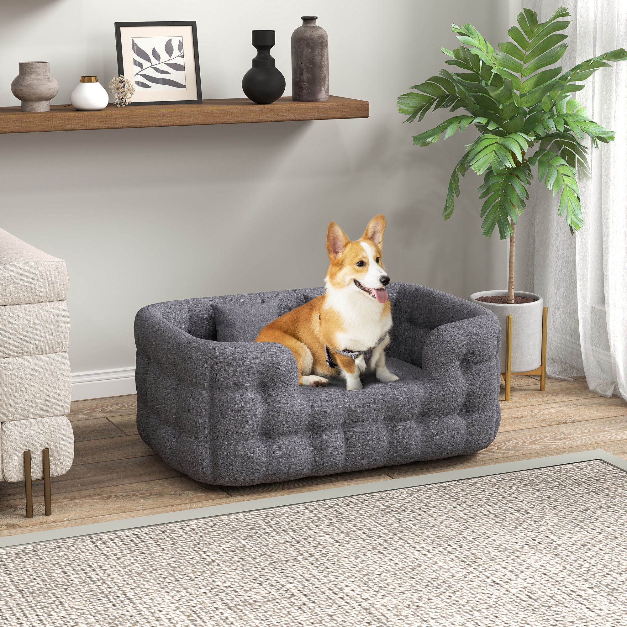 Cama para Cães Médios 90x60x35 cm Cinza com 2 Almofadas