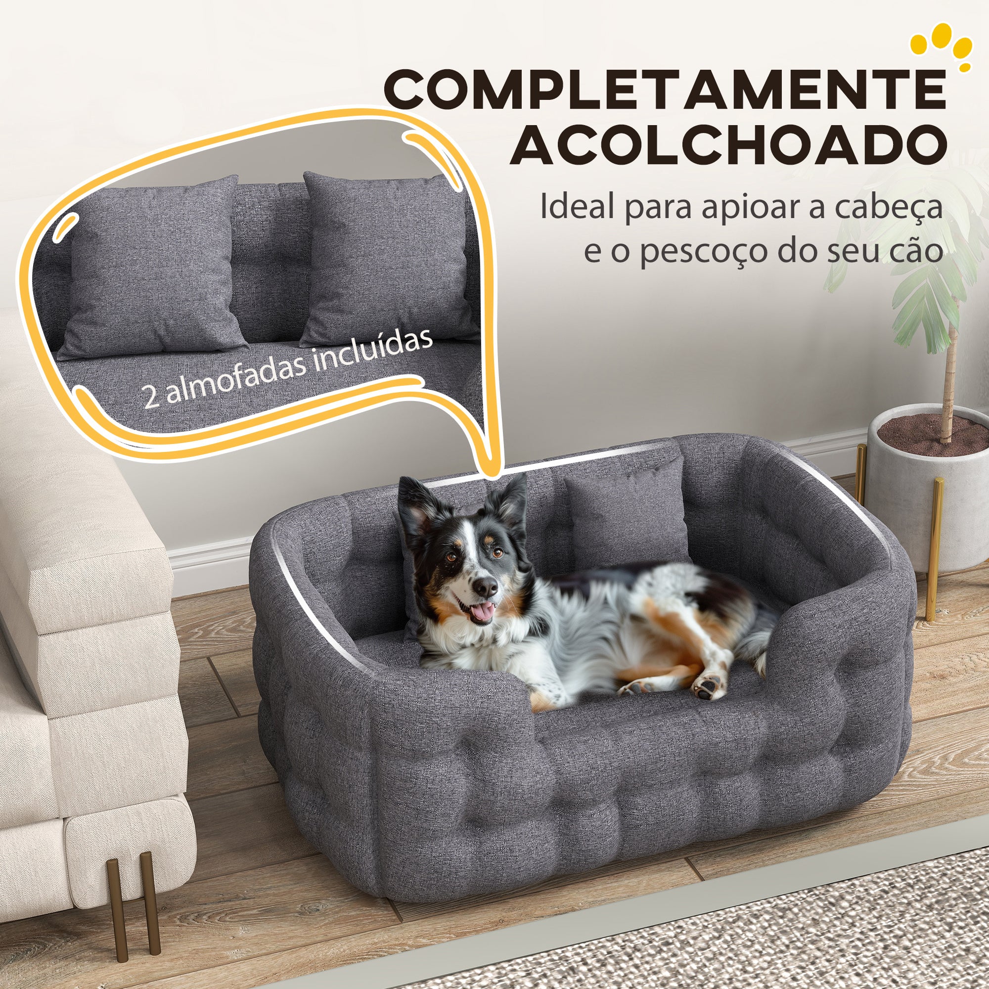 Cama para Cães Médios 90x60x35 cm Cinza com 2 Almofadas