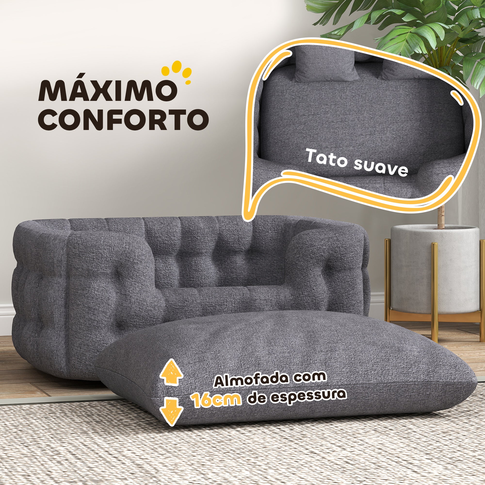 Cama para Cães Médios 90x60x35 cm Cinza com 2 Almofadas