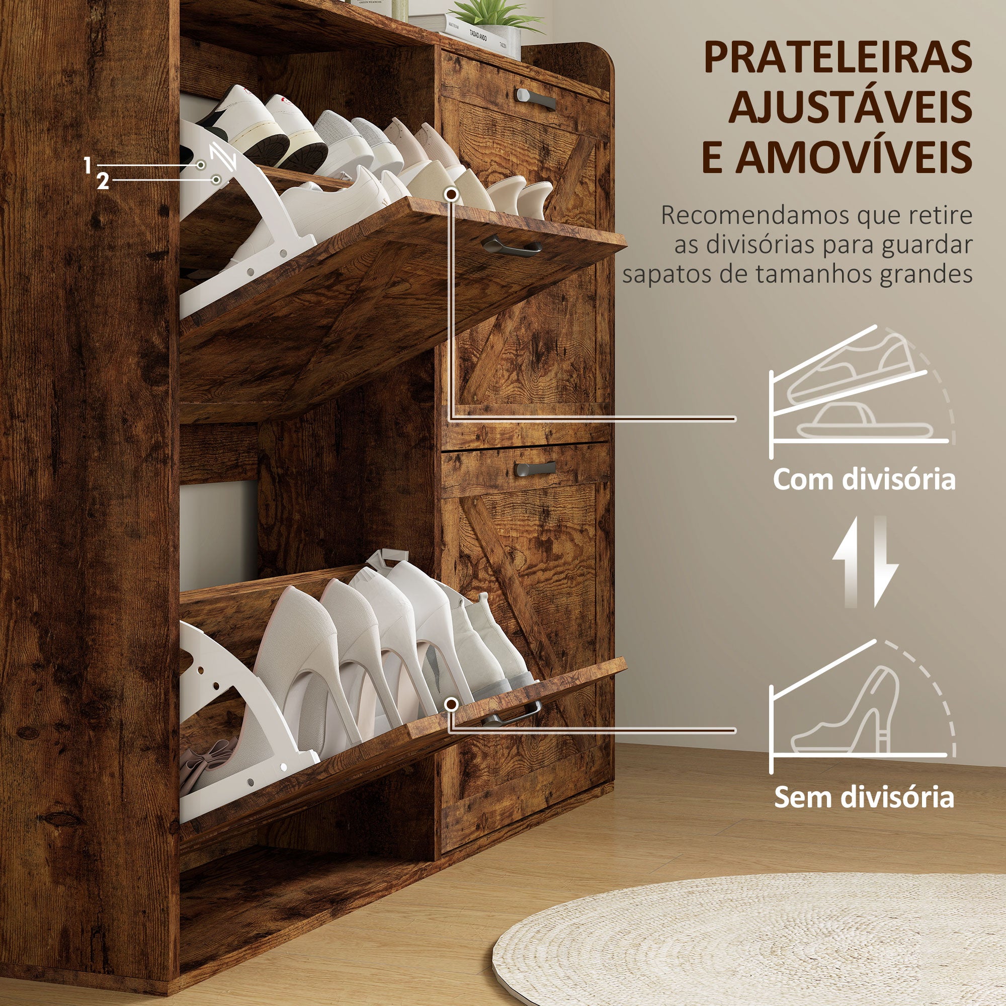 Sapateira Estreita Castanho Rústico 120x24x103 cm - Organize até 24 Pares de Sapatos