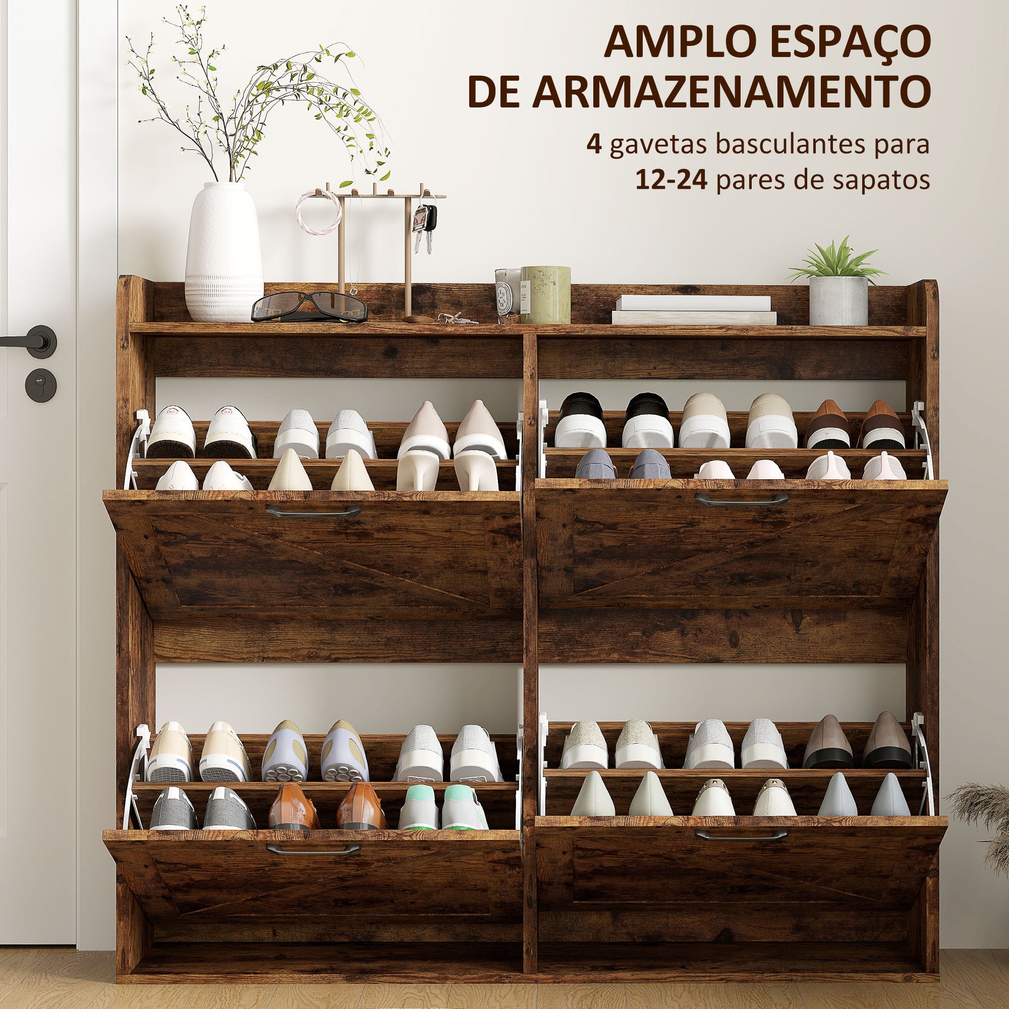 Sapateira Estreita Castanho Rústico 120x24x103 cm - Organize até 24 Pares de Sapatos