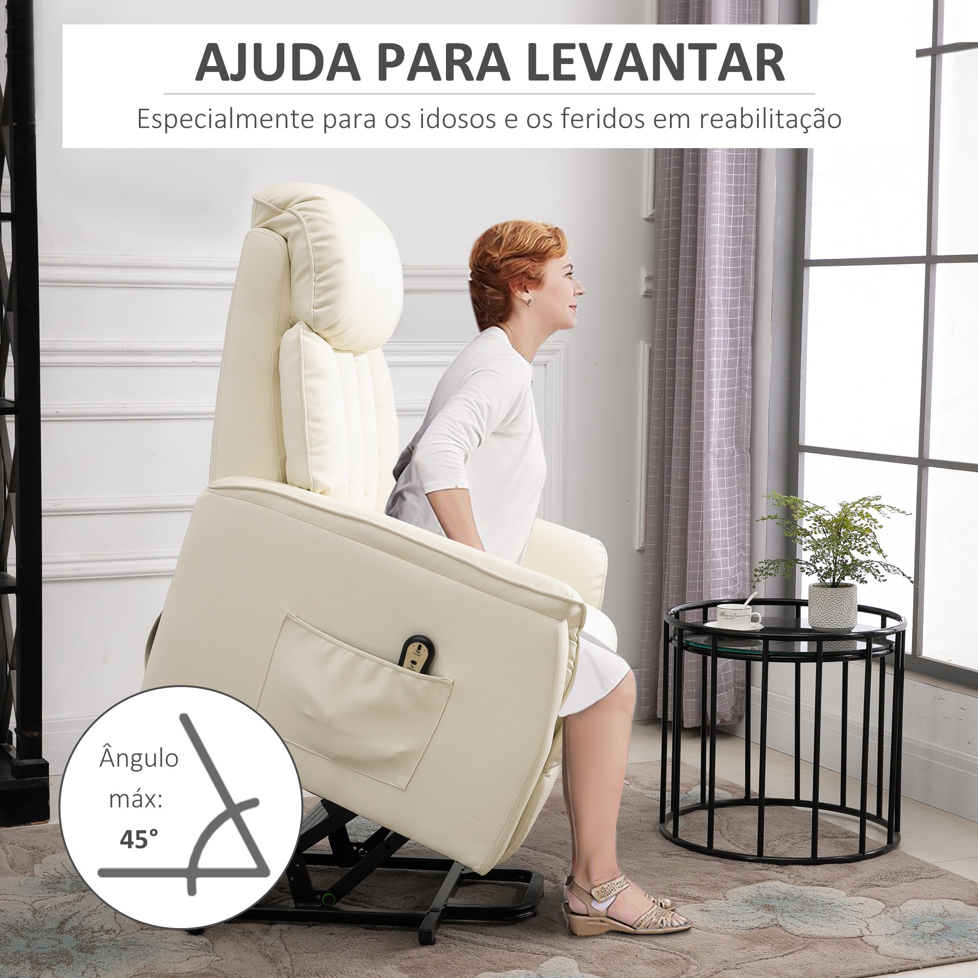Poltrona Reclinável com Elevador Elétrico 80x94x104 cm - Creme