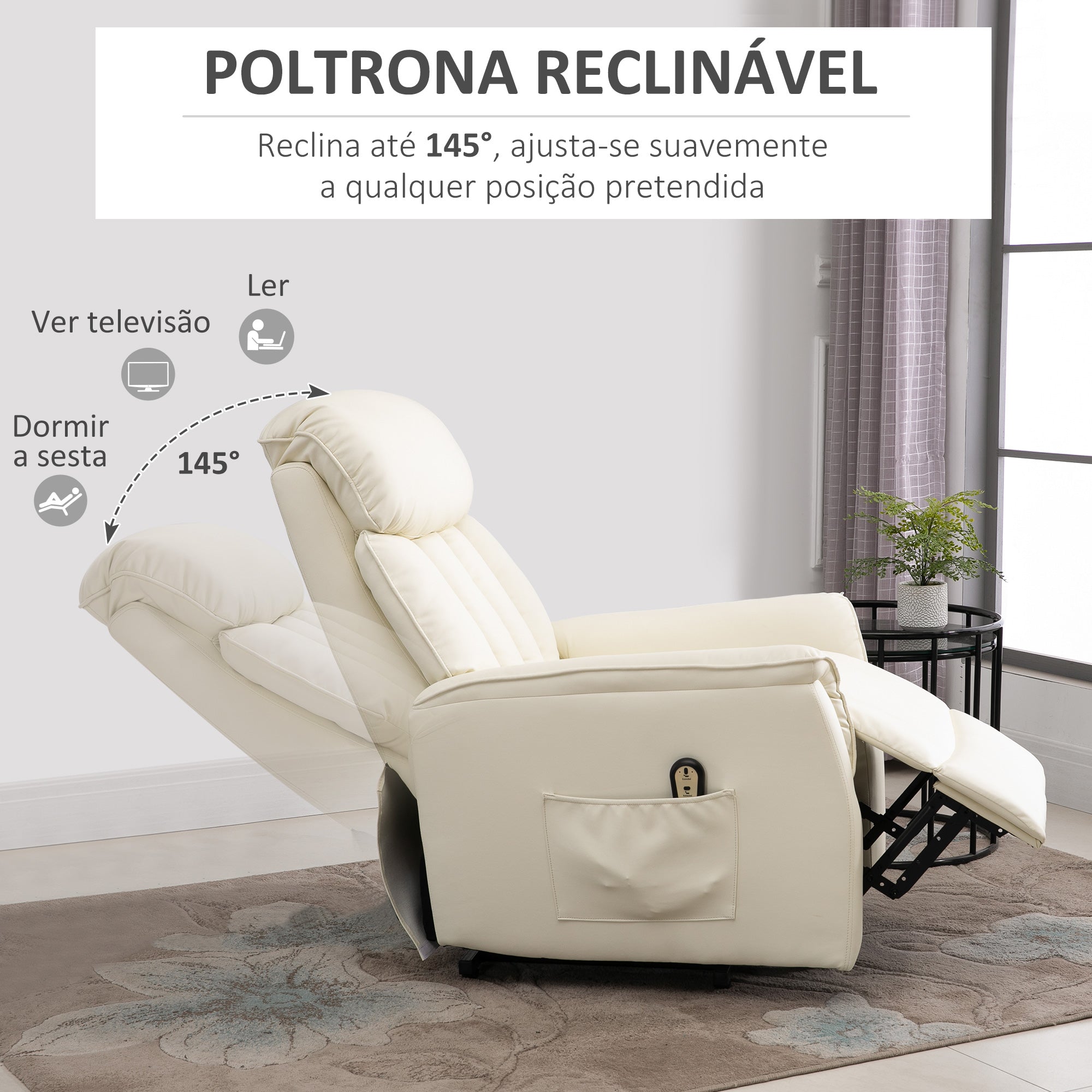 Poltrona Reclinável com Elevador Elétrico 80x94x104 cm - Creme