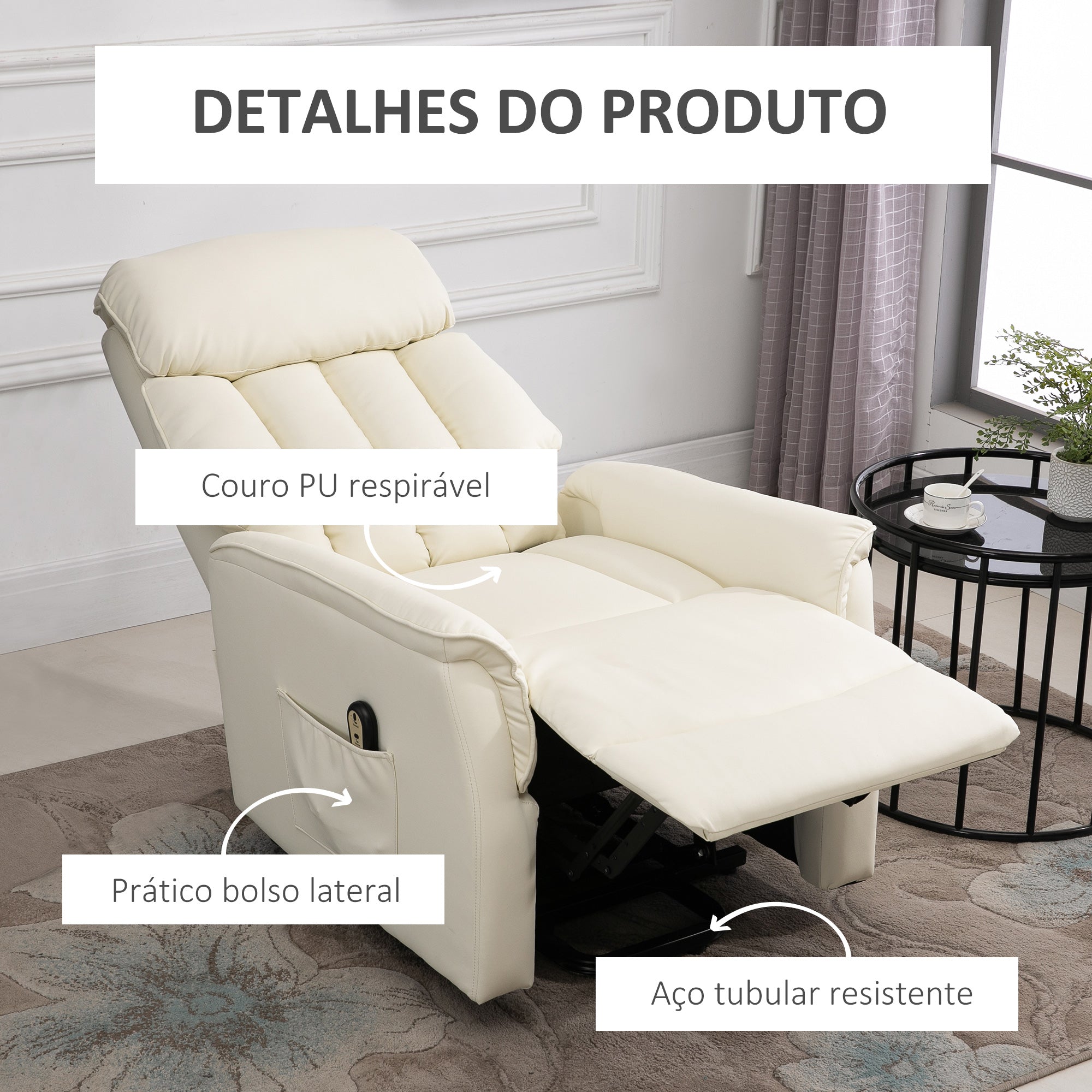 Poltrona Reclinável com Elevador Elétrico 80x94x104 cm - Creme