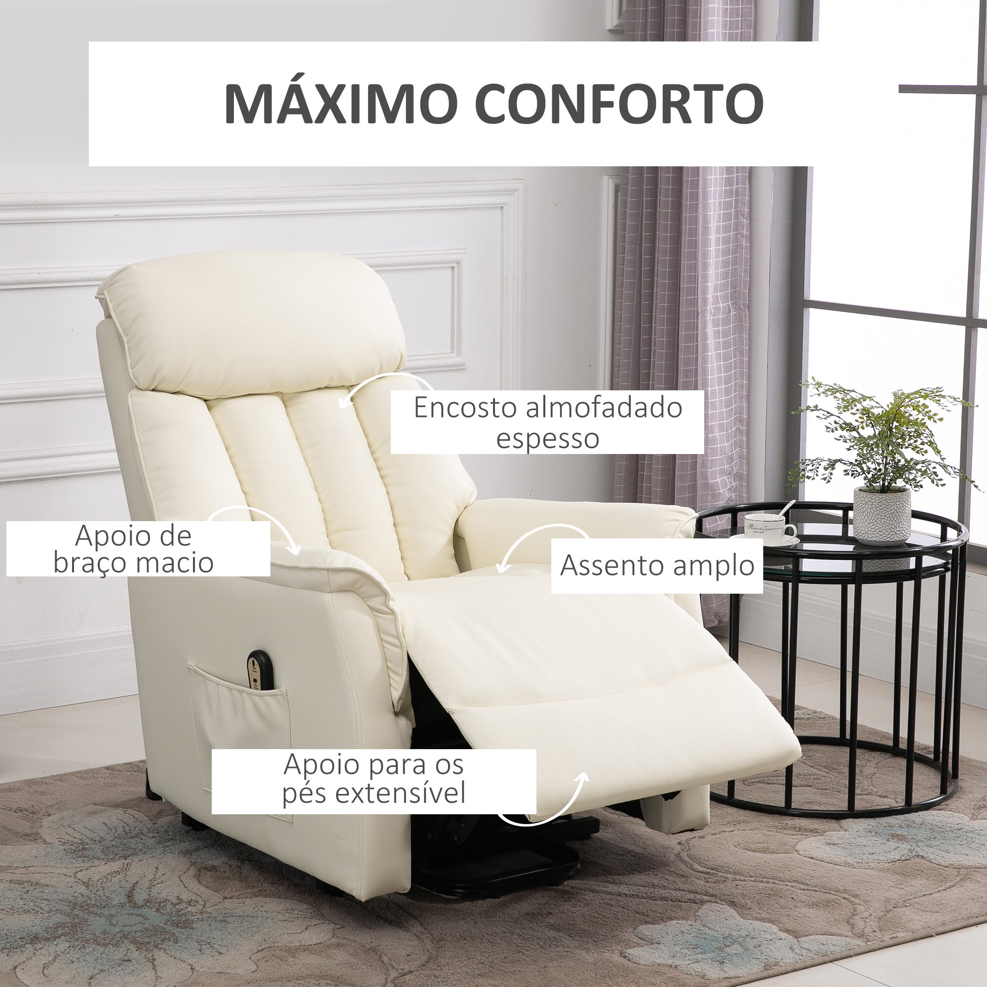 Poltrona Reclinável com Elevador Elétrico 80x94x104 cm - Creme