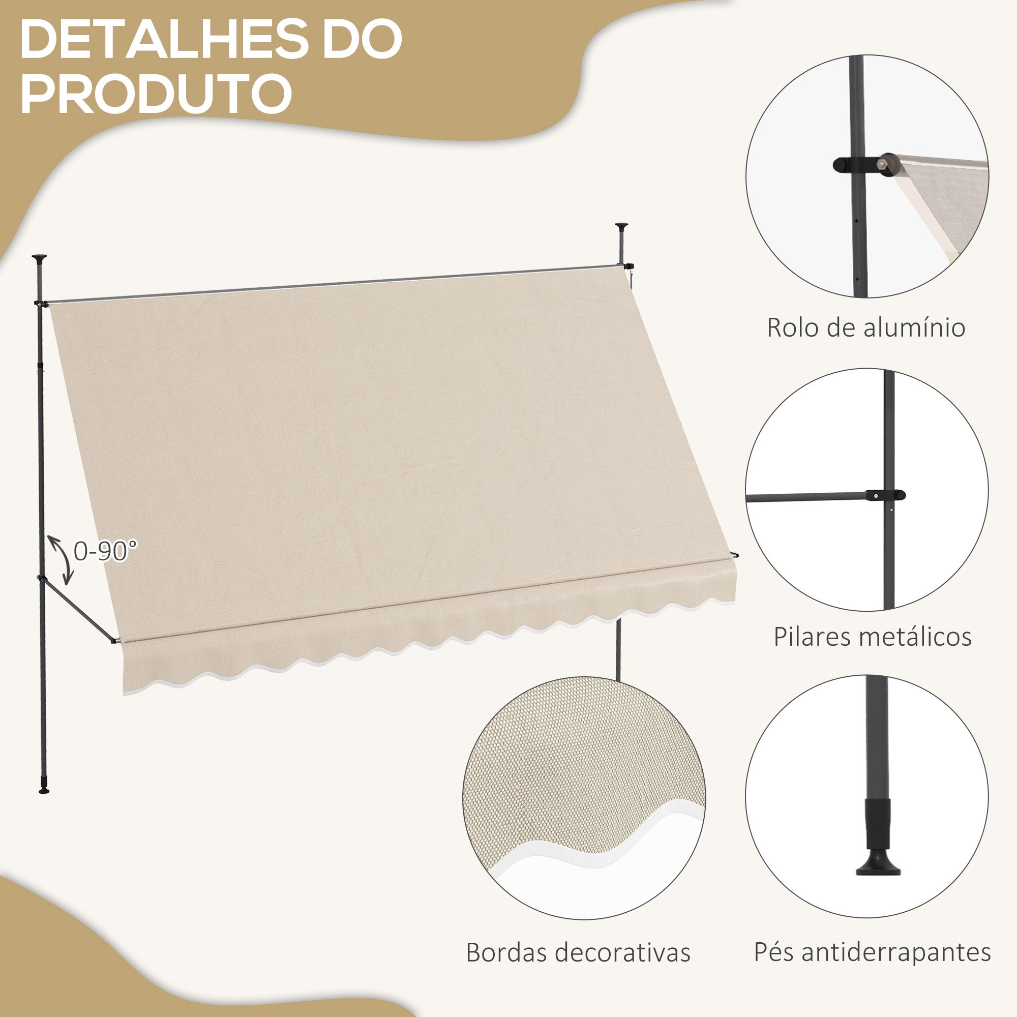 Toldo Manual Retrátil 350x120x210-300 cm - Cor Areia