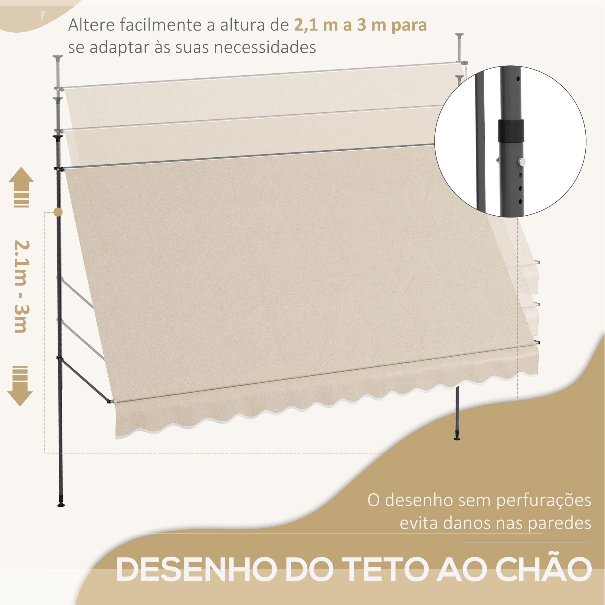 Toldo Manual Retrátil 350x120x210-300 cm - Cor Areia
