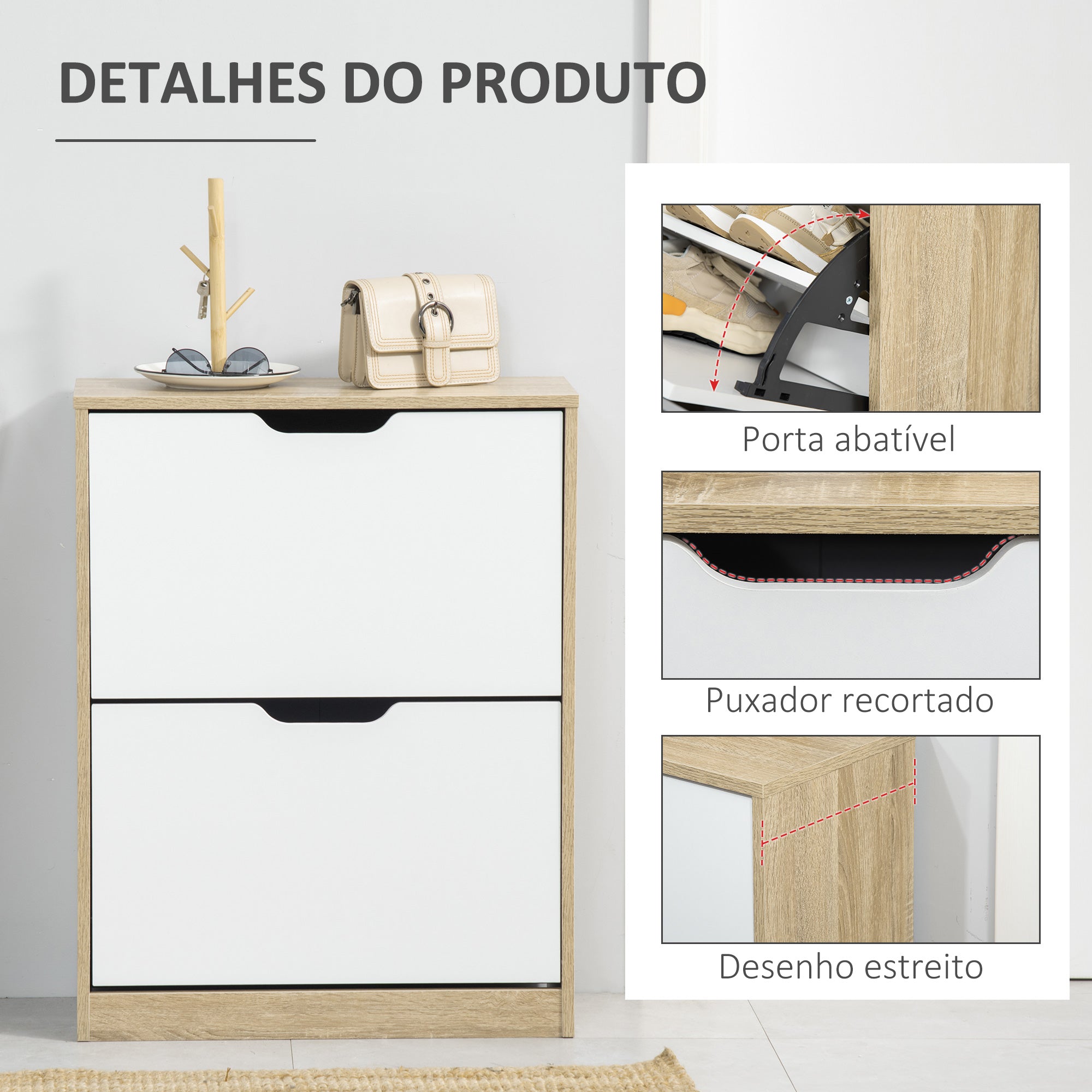 Sapateira de Madeira – 62,5x26x81cm – Cor Natural e Branco – MDF