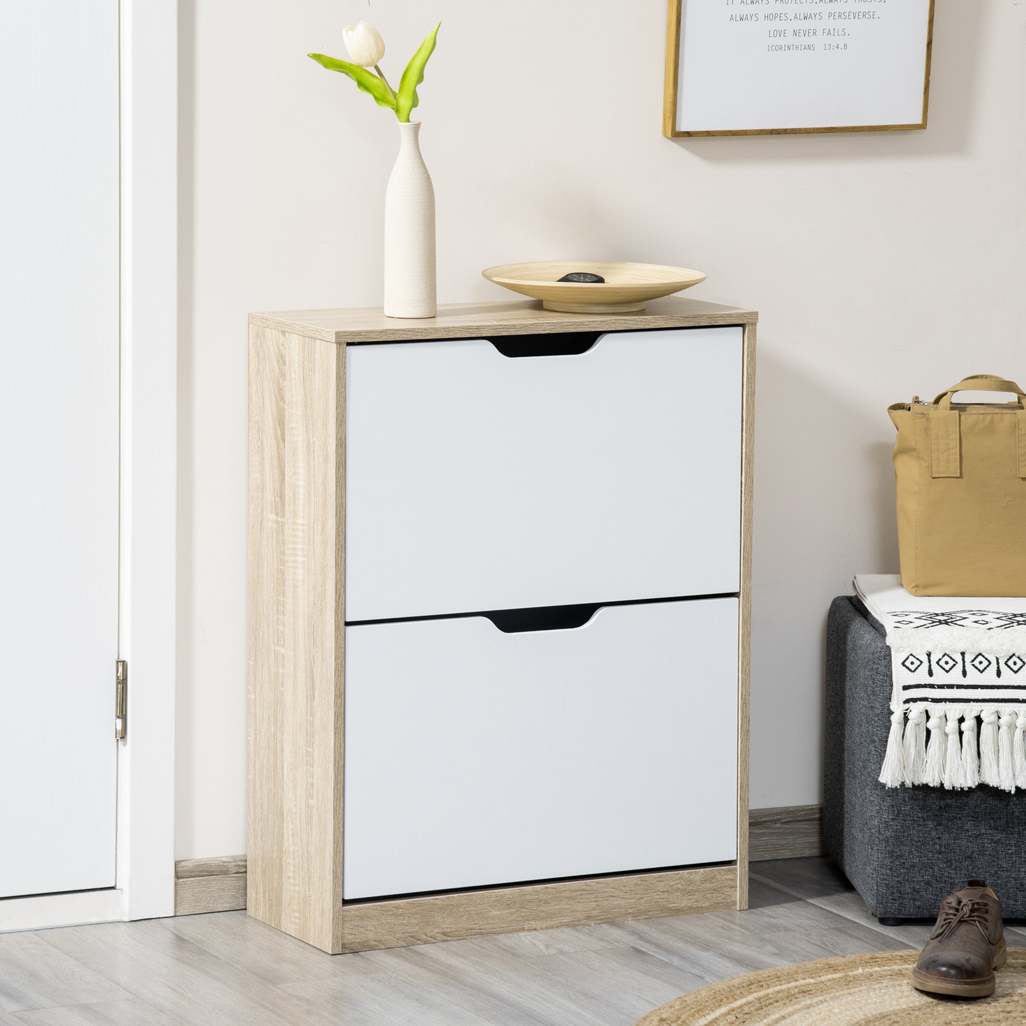 Sapateira de Madeira 62,5x26x81cm - Cor Natural e Branco