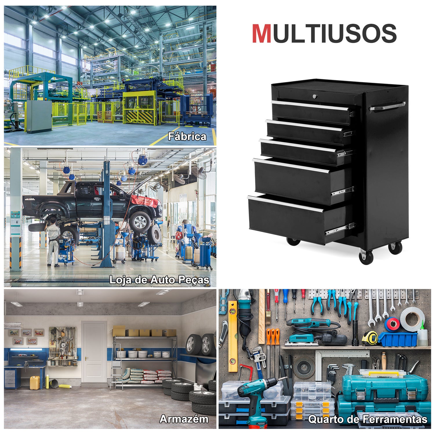 Carrinho de Ferramentas com 5 Gavetas e Rodas - 61,5x33x85 cm - Cor Preto