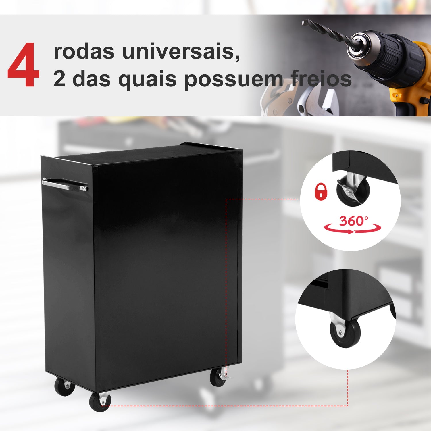Carrinho de Ferramentas com 5 Gavetas e Rodas - 61,5x33x85 cm - Cor Preto