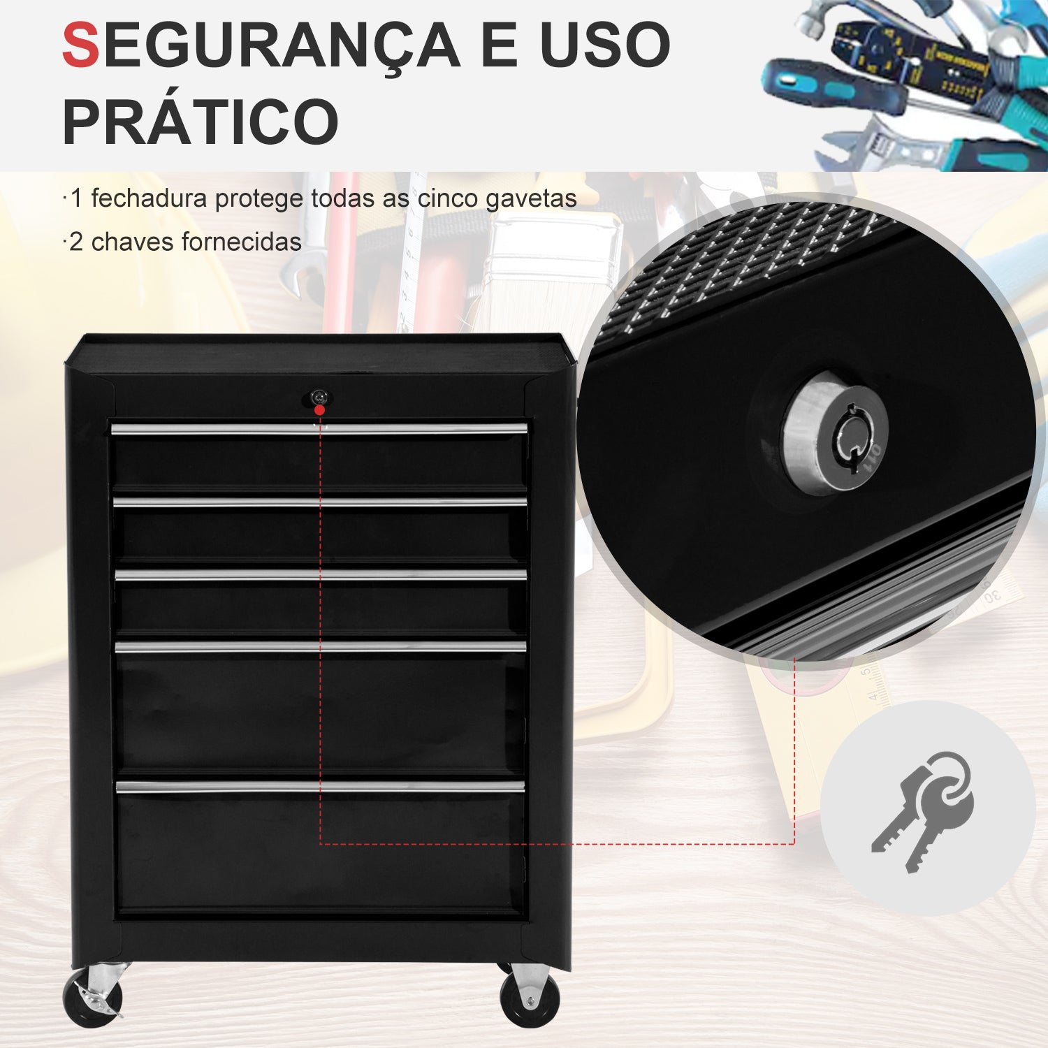 Carrinho de Ferramentas com 5 Gavetas e Rodas - 61,5x33x85 cm - Cor Preto